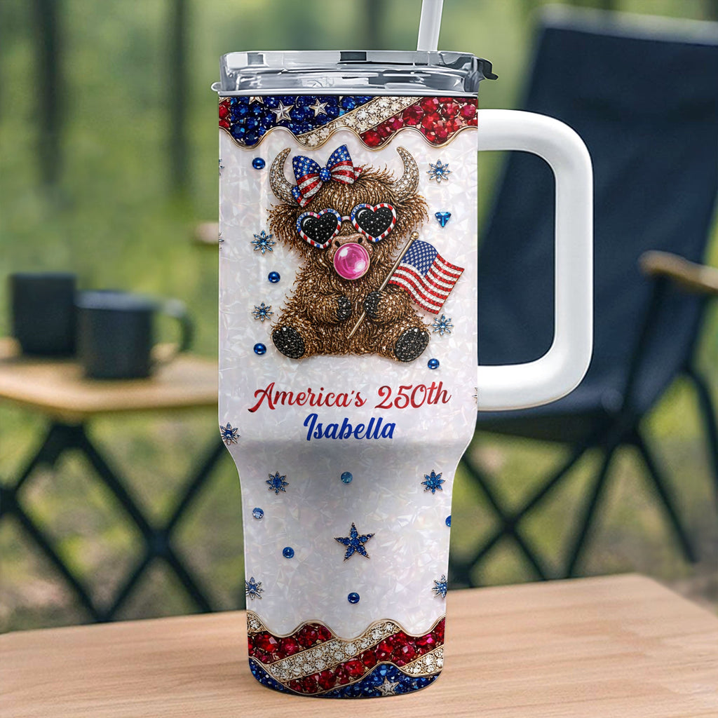 Personalized Patriotic 40oz Tumbler with Highland Cow for 4th of July 40oz Tumbler GradoCreations