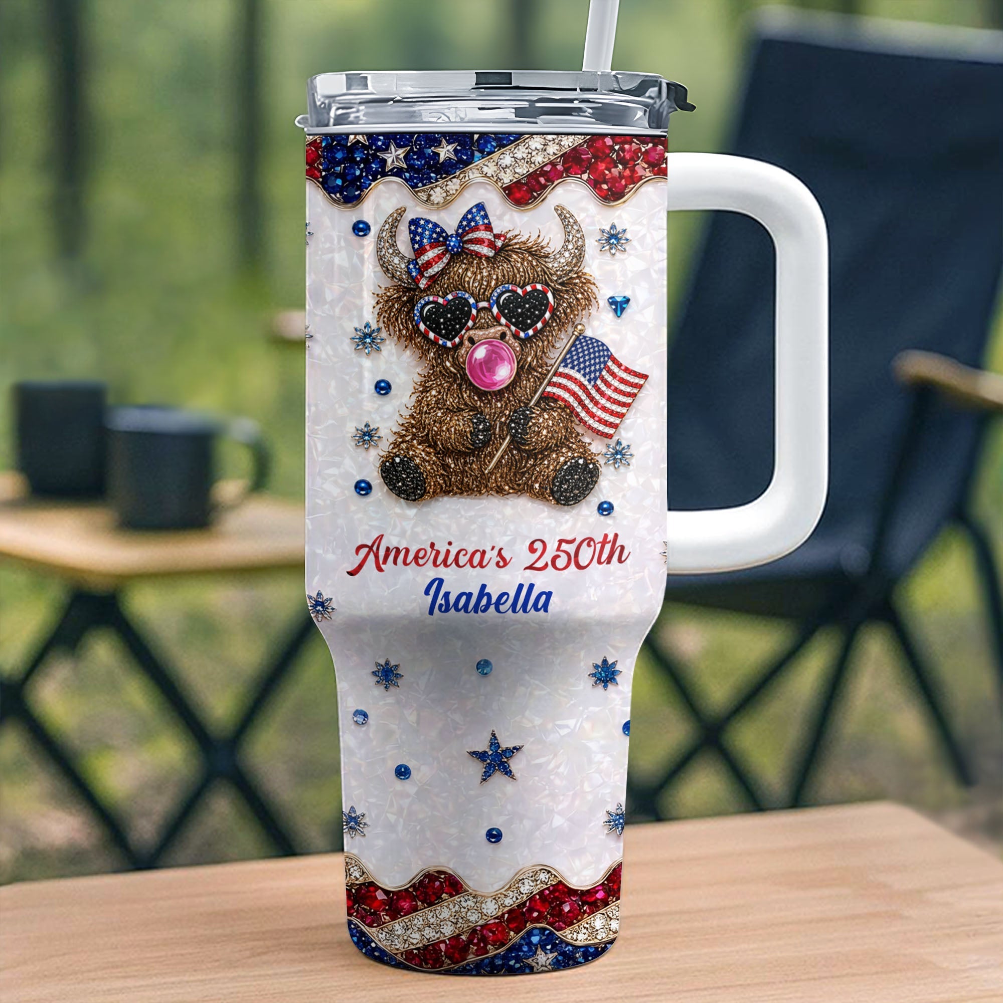 Personalized Patriotic 40oz Tumbler with Highland Cow for 4th of July 40oz Tumbler GradoCreations