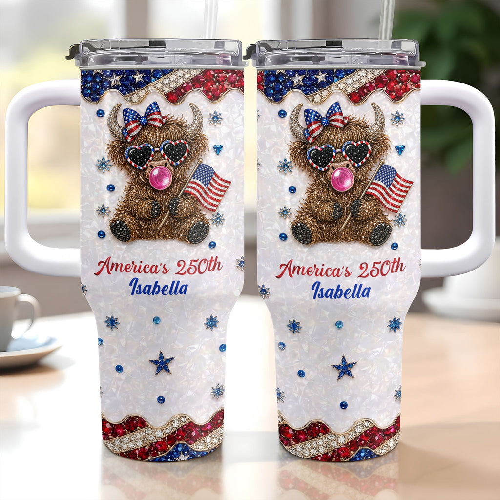 Personalized Patriotic 40oz Tumbler with Highland Cow for 4th of July 40oz Tumbler GradoCreations