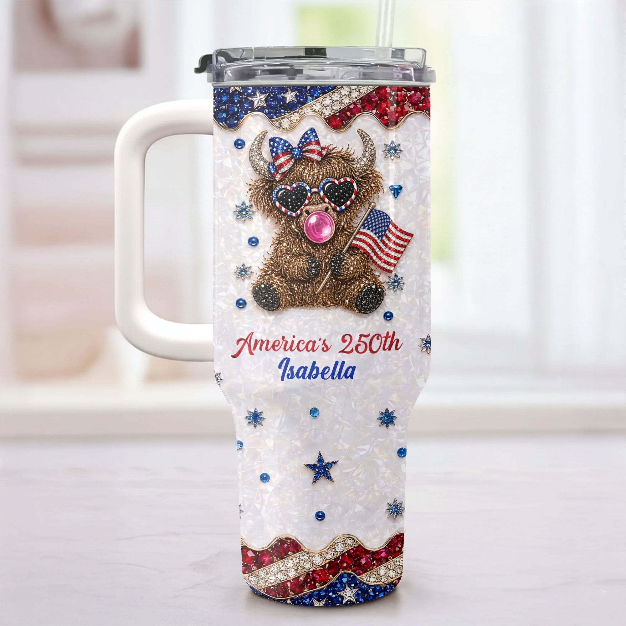 Personalized Patriotic 40oz Tumbler with Highland Cow for 4th of July 40oz Tumbler GradoCreations