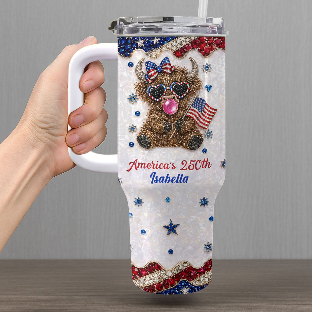 Personalized Patriotic 40oz Tumbler with Highland Cow for 4th of July 40oz Tumbler GradoCreations