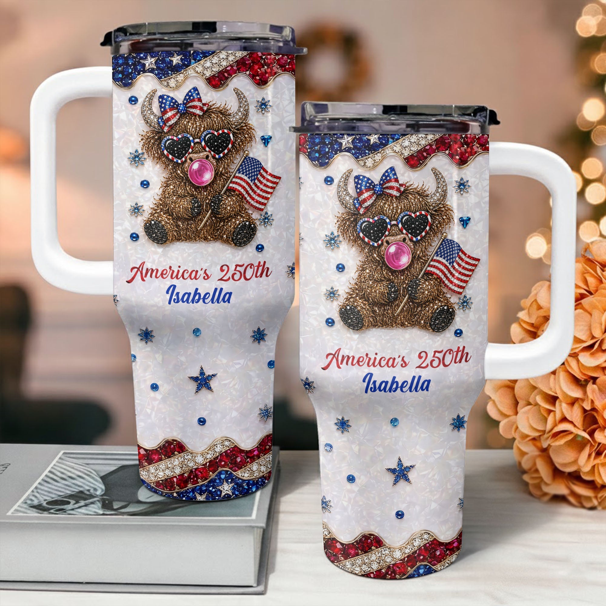 Personalized Patriotic 40oz Tumbler with Highland Cow for 4th of July 40oz Tumbler GradoCreations