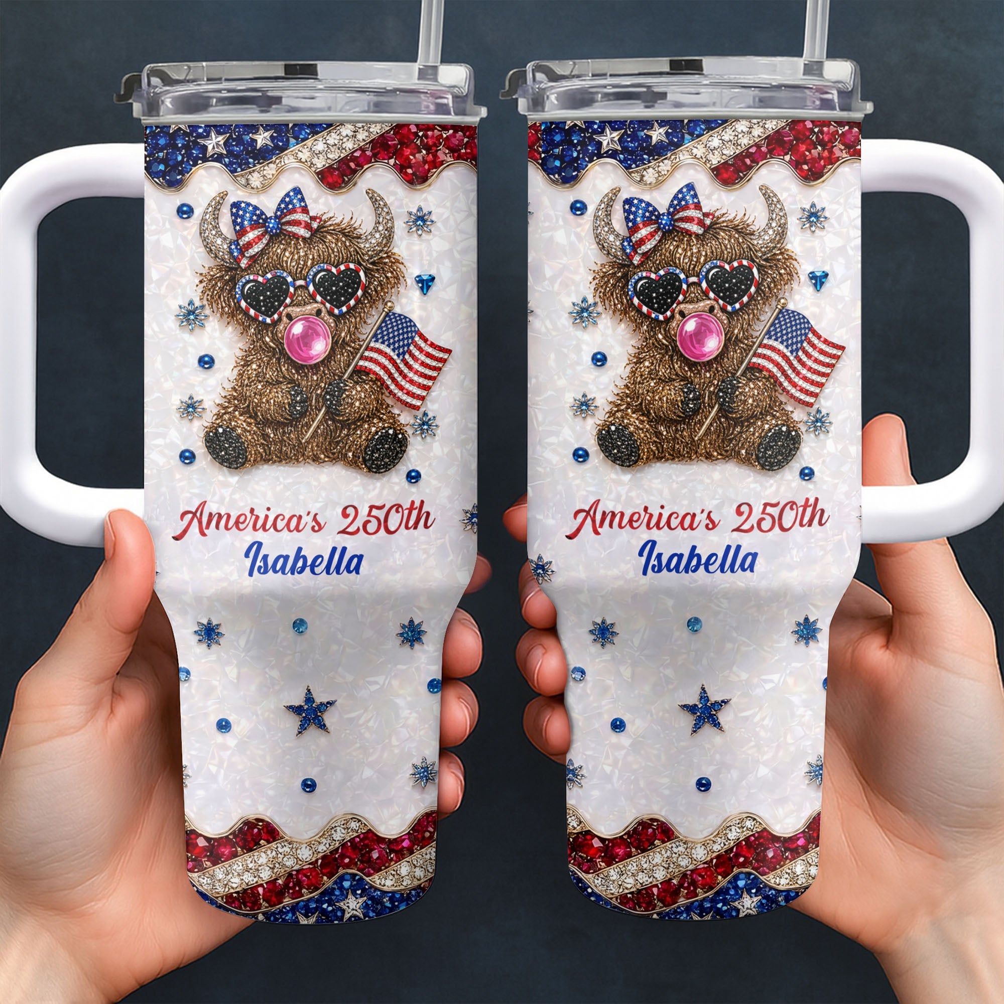 Personalized Patriotic 40oz Tumbler with Highland Cow for 4th of July 40oz Tumbler GradoCreations