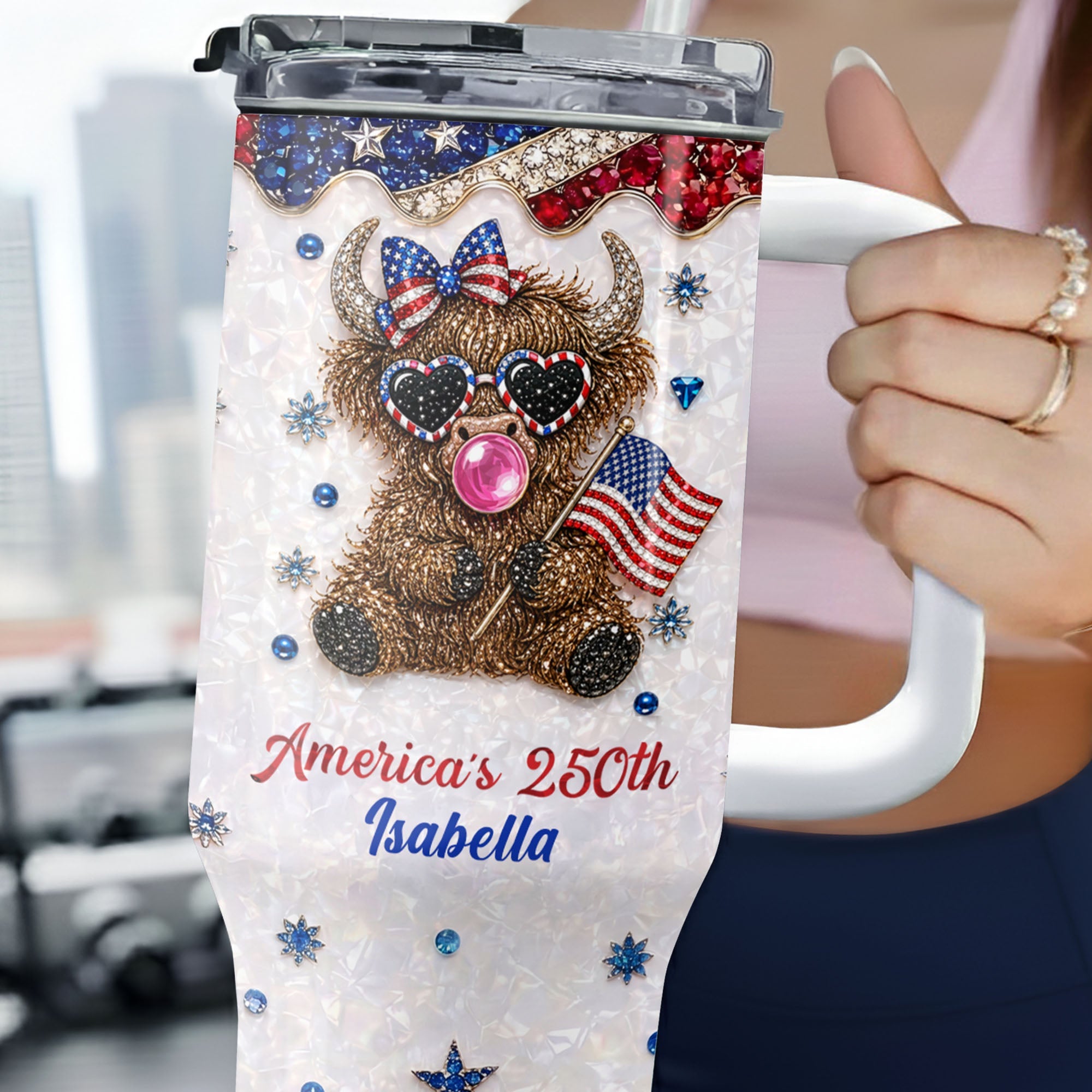 Personalized Patriotic 40oz Tumbler with Highland Cow for 4th of July 40oz Tumbler GradoCreations