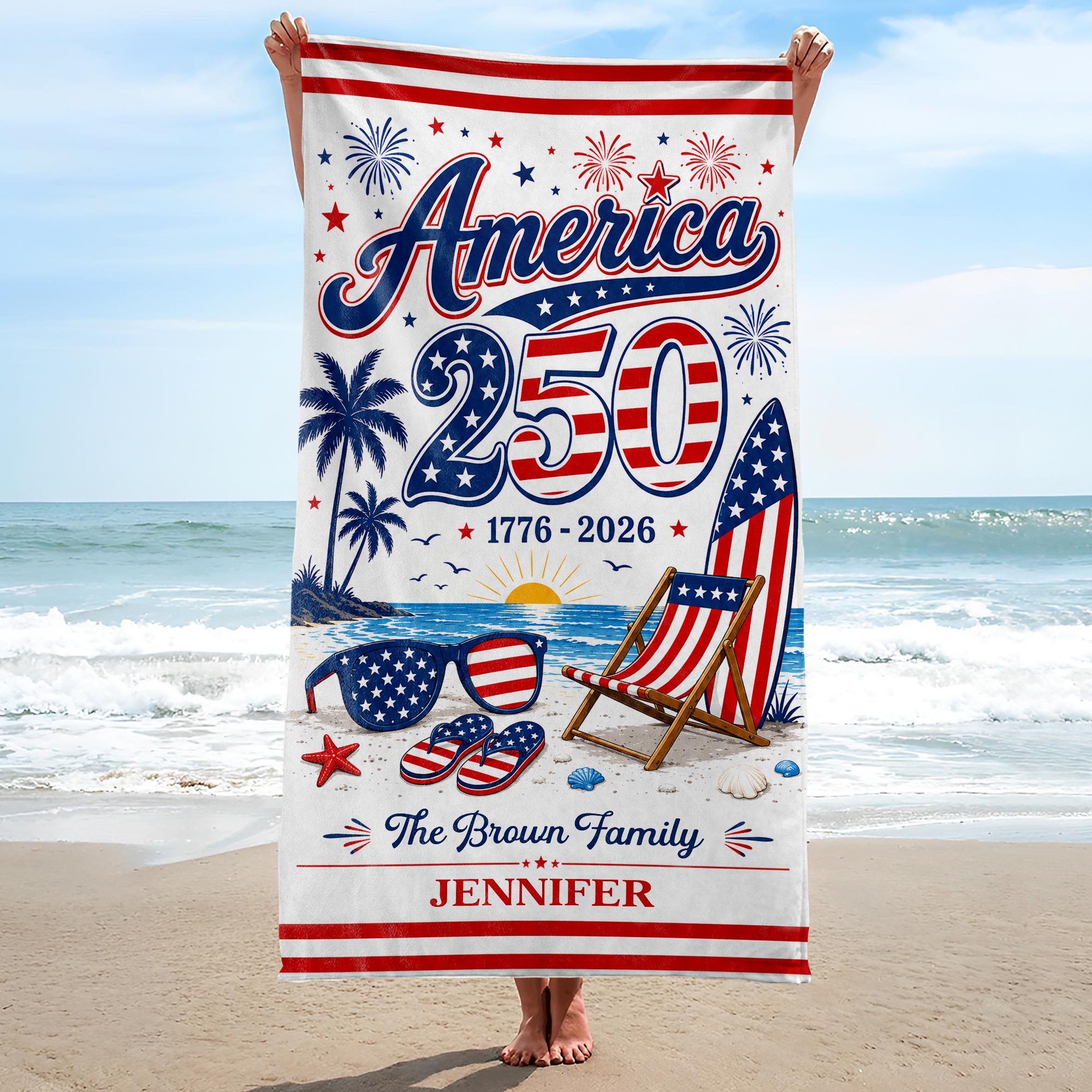 Personalized USA Flag Beach Towel Custom Family Name Gift Beach Towels GradoCreations