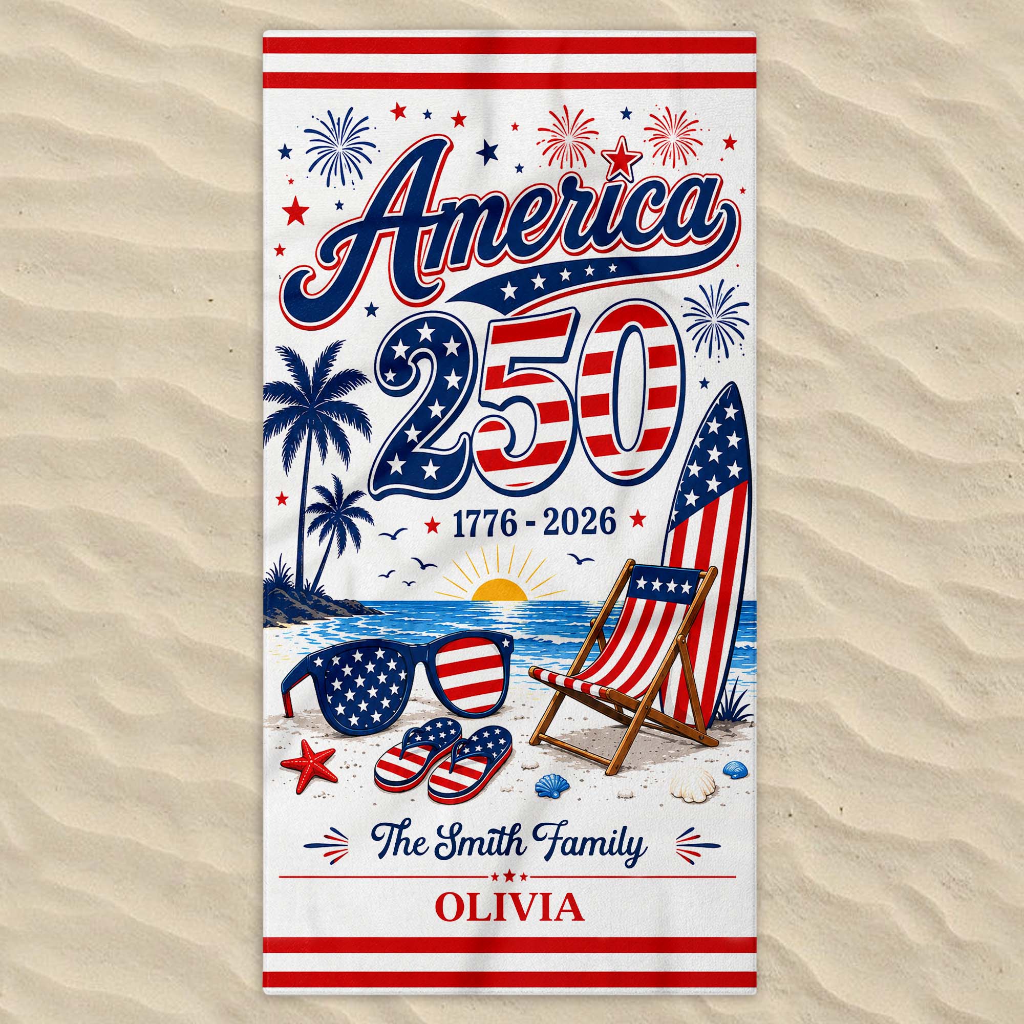 Personalized USA Flag Beach Towel Custom Family Name Gift Beach Towels GradoCreations