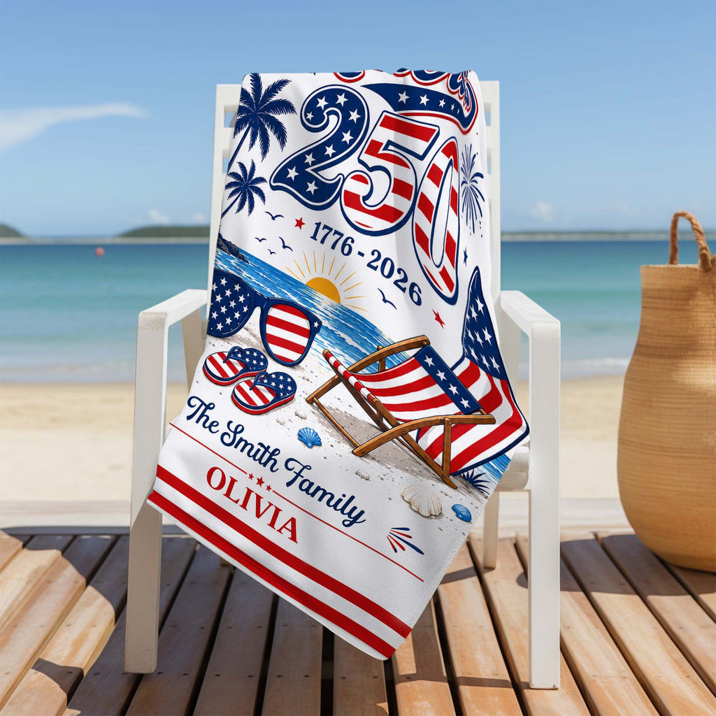 Personalized USA Flag Beach Towel Custom Family Name Gift Beach Towels GradoCreations