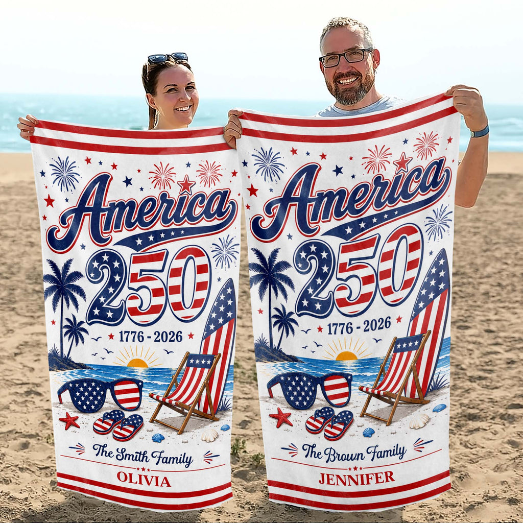 Personalized USA Flag Beach Towel Custom Family Name Gift Beach Towels GradoCreations