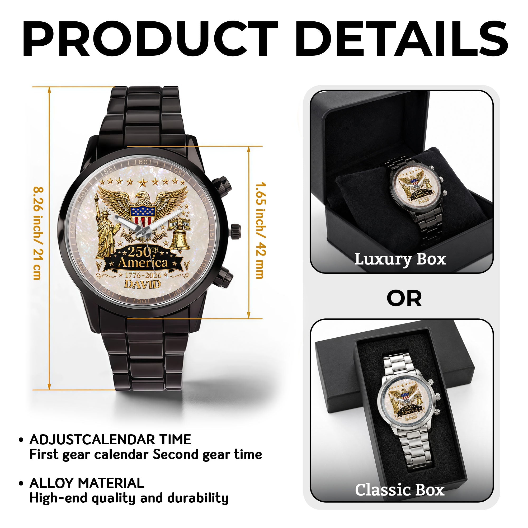 Personalized Men's Watch Custom Name Eagle Liberty Bell Gift Men's Watch GradoCreations