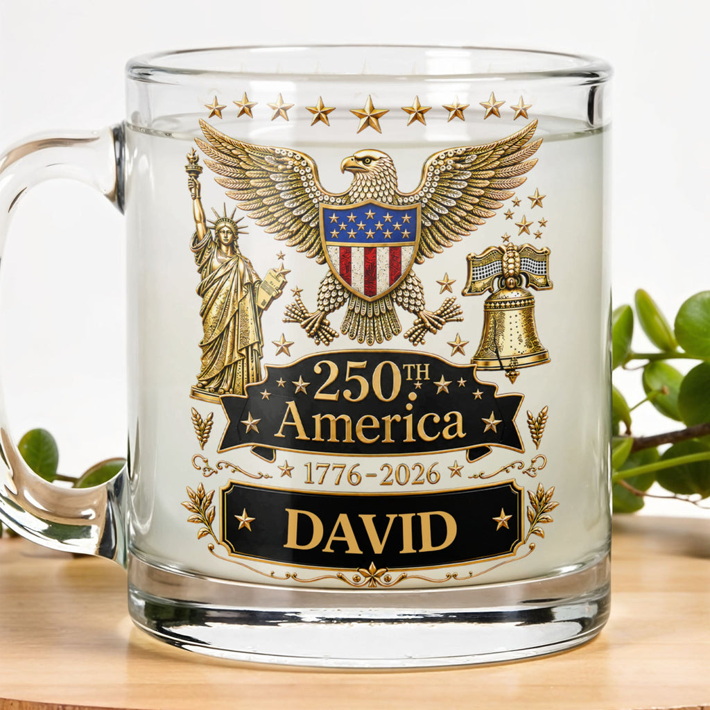 Personalized 250th America Glass Mug with Bald Eagle for Dad Glass Mug GradoCreations