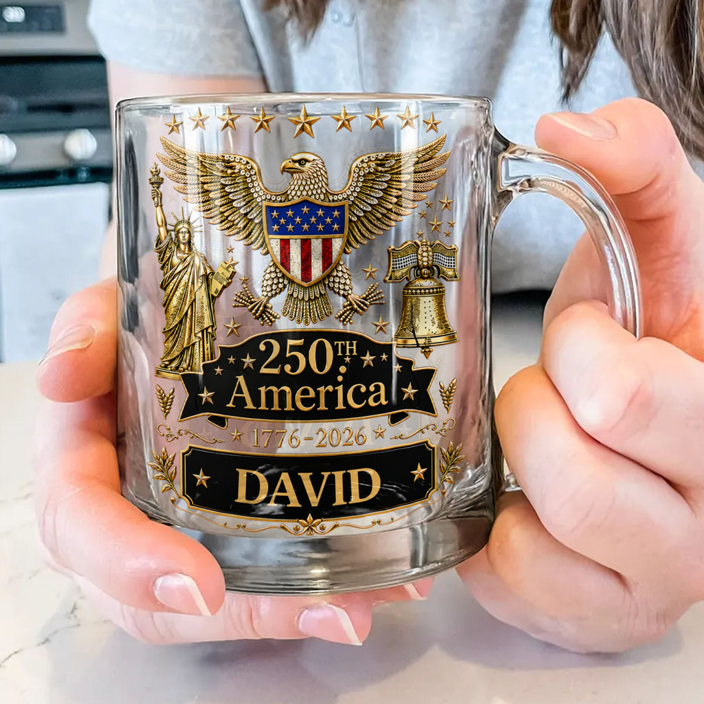 Personalized 250th America Glass Mug with Bald Eagle for Dad Glass Mug GradoCreations
