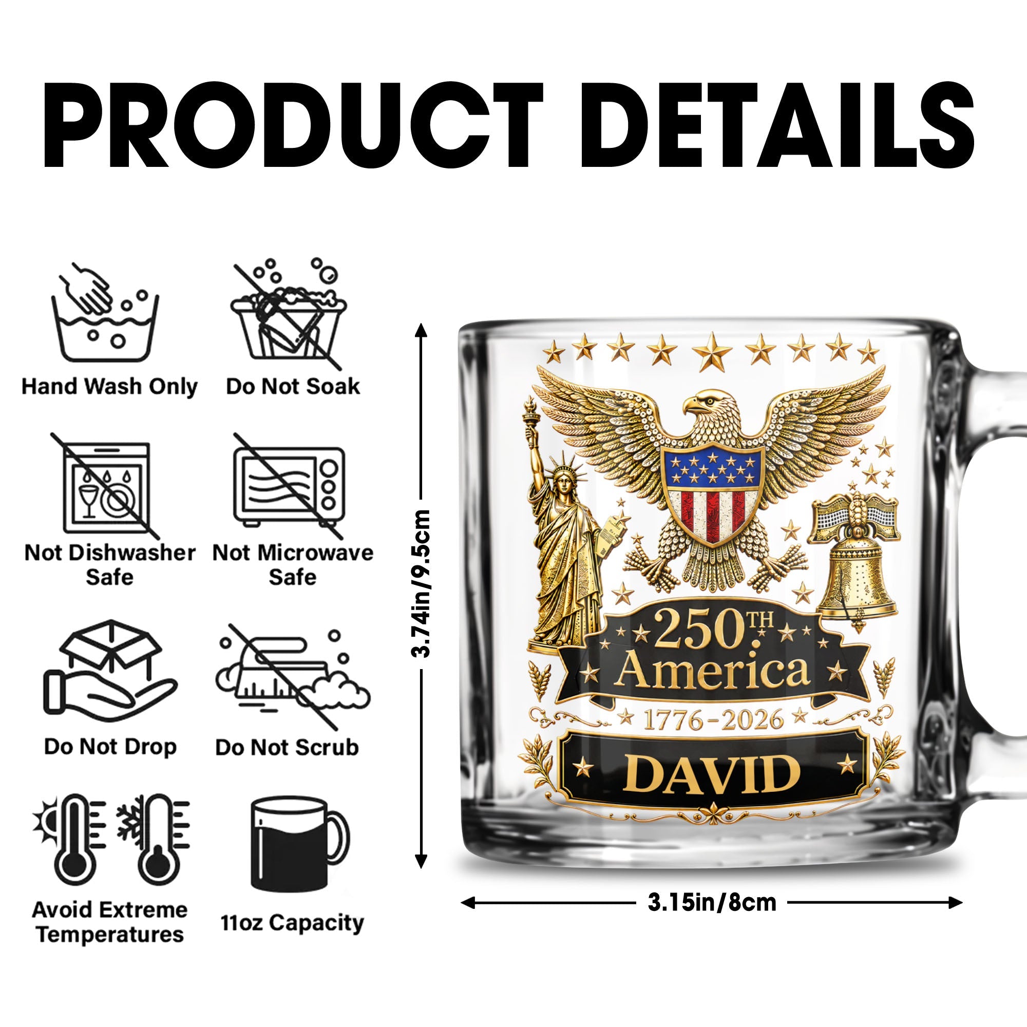 Personalized 250th America Glass Mug with Bald Eagle for Dad Glass Mug GradoCreations
