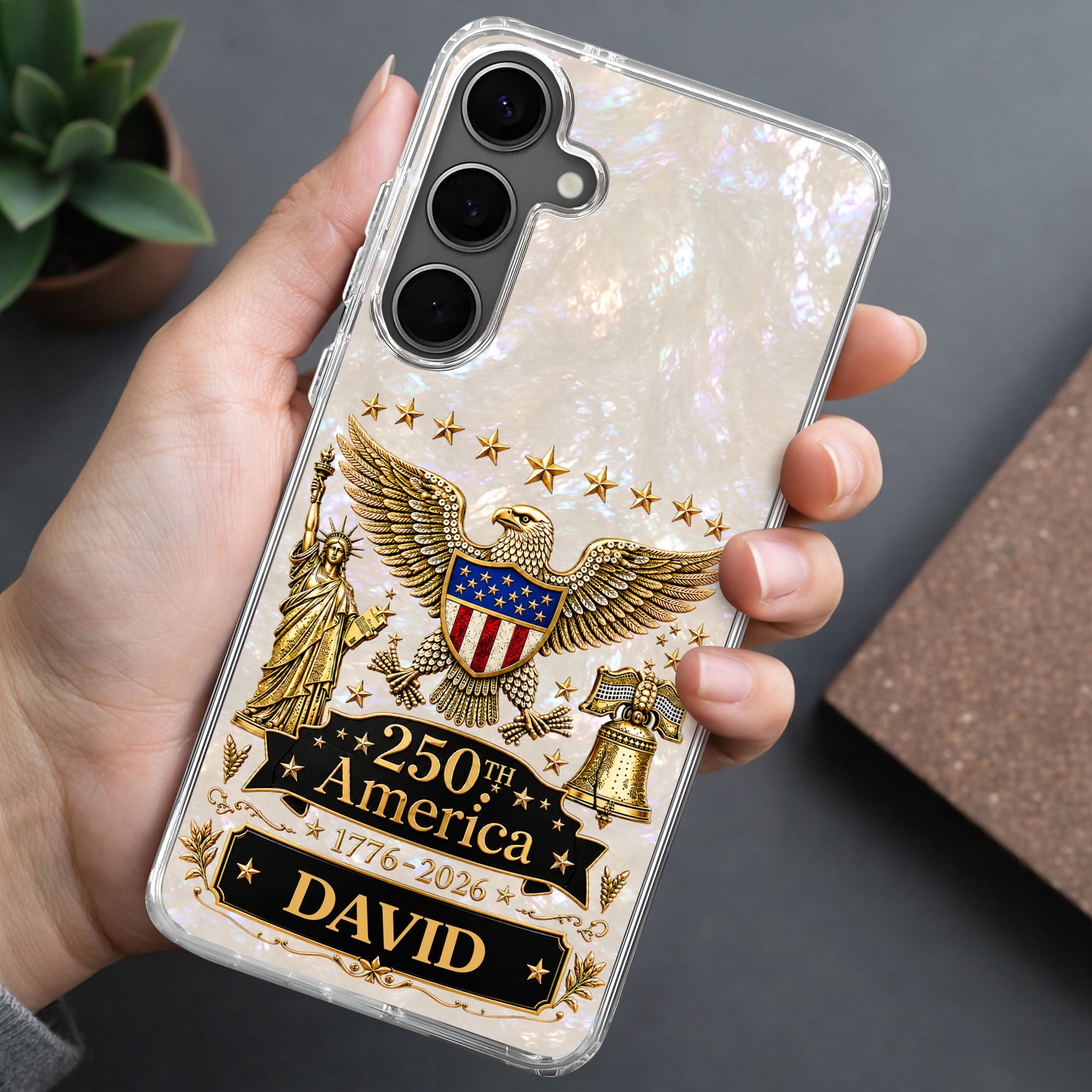 Personalized Clear Phone Case Eagle Statue Liberty Bell Gift for Dad Clear Phone Case GradoCreations