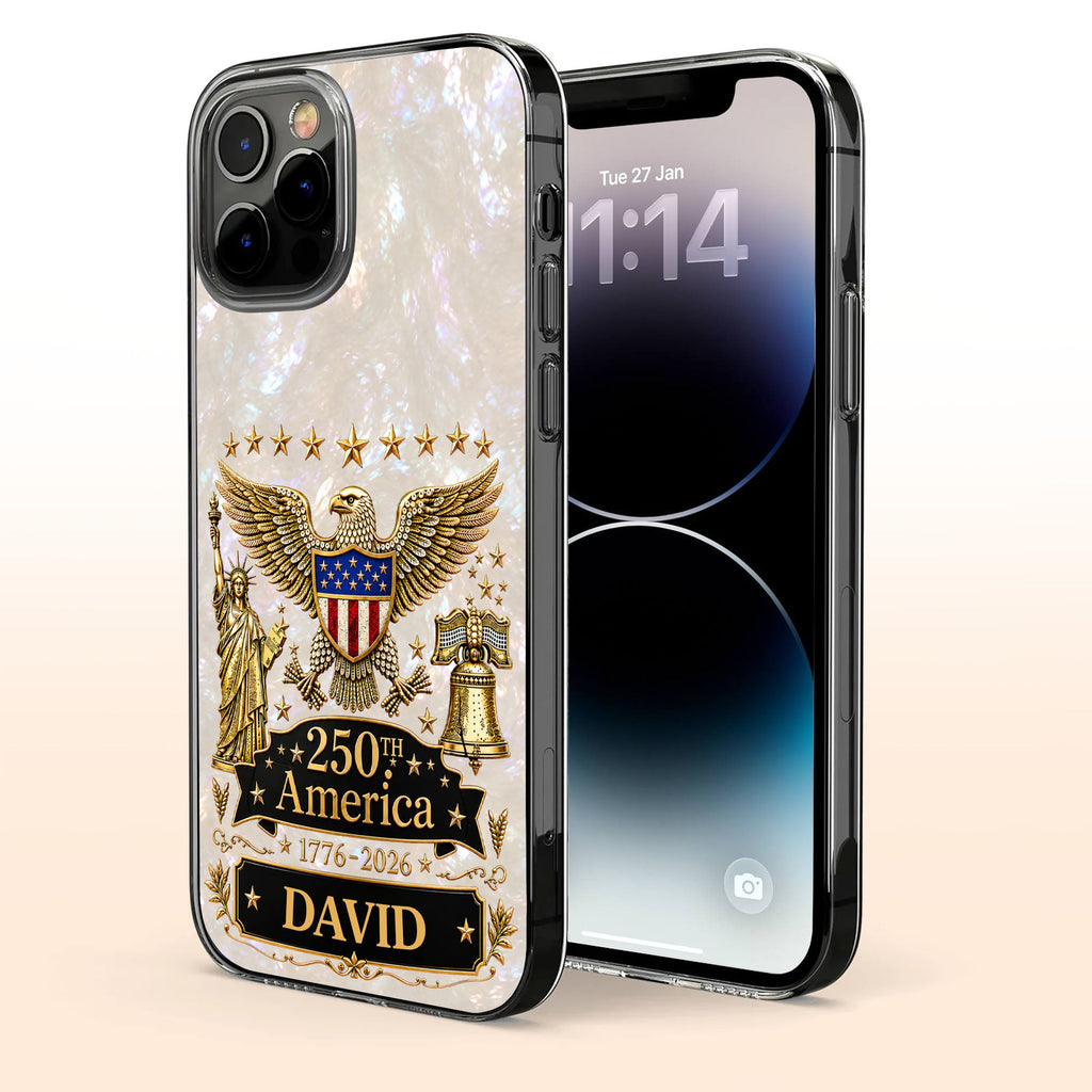 Personalized Clear Phone Case Eagle Statue Liberty Bell Gift for Dad Clear Phone Case GradoCreations