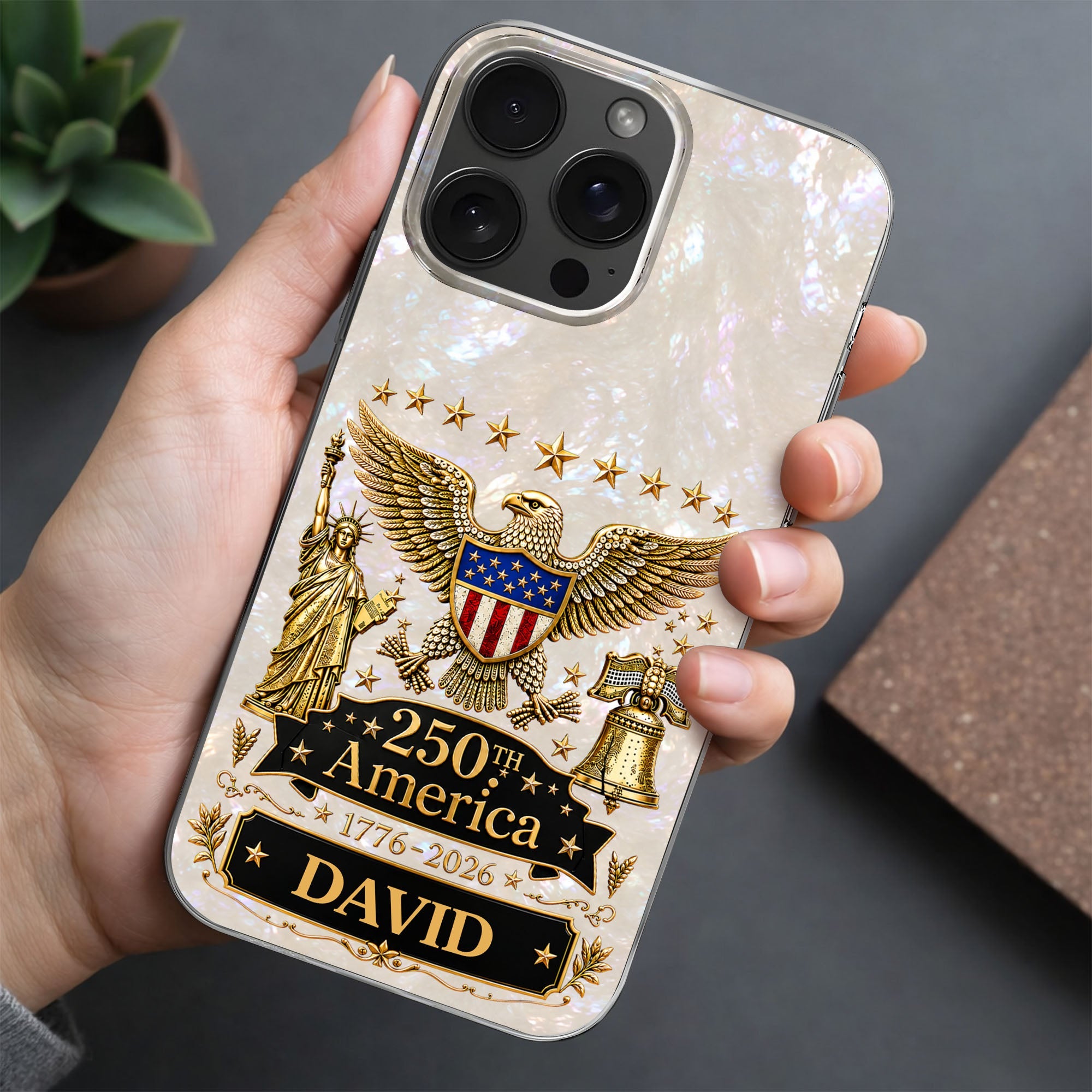 Personalized Clear Phone Case Eagle Statue Liberty Bell Gift for Dad Clear Phone Case GradoCreations