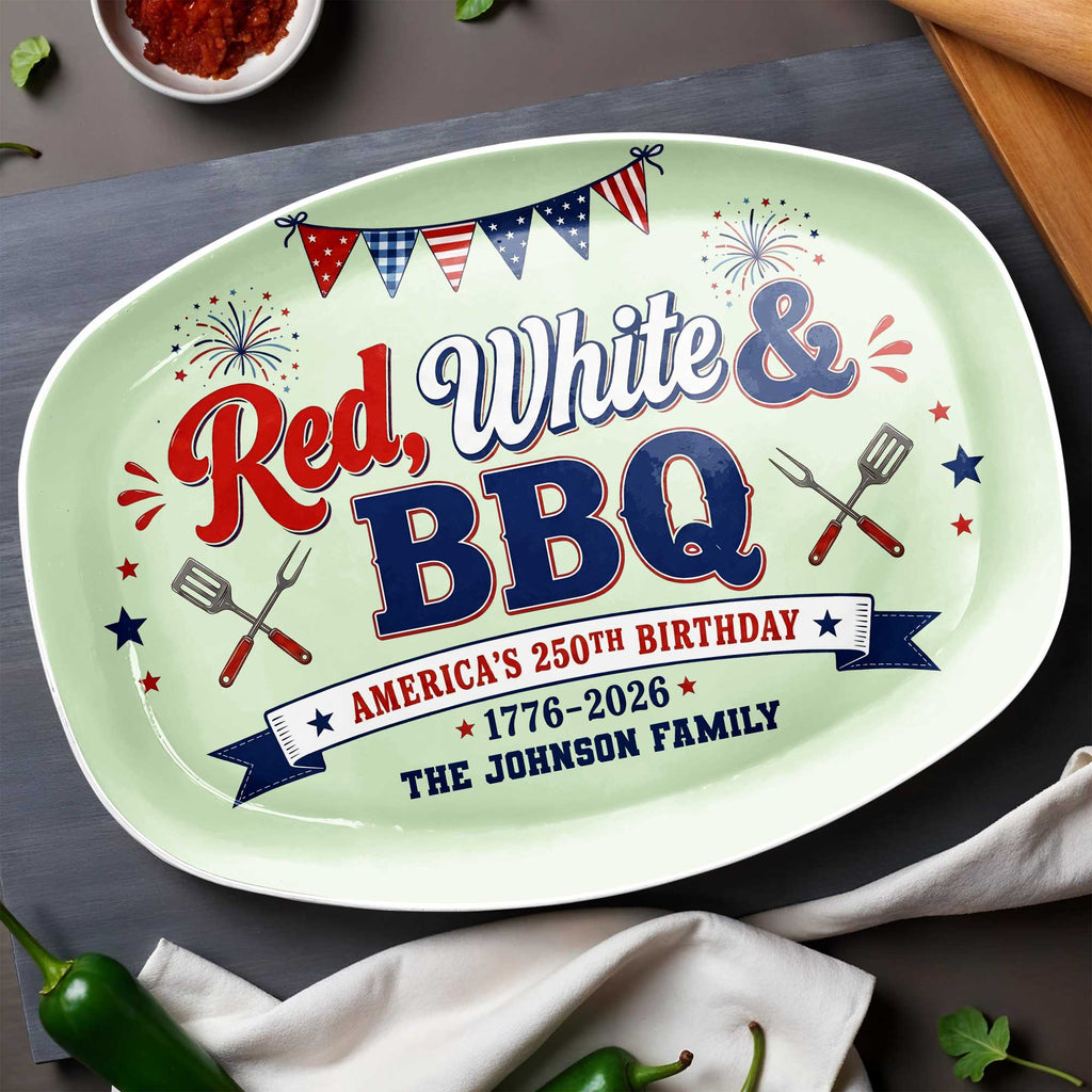 Personalized Custom Plate Red White BBQ Gift for Family Custom Plate GradoCreations