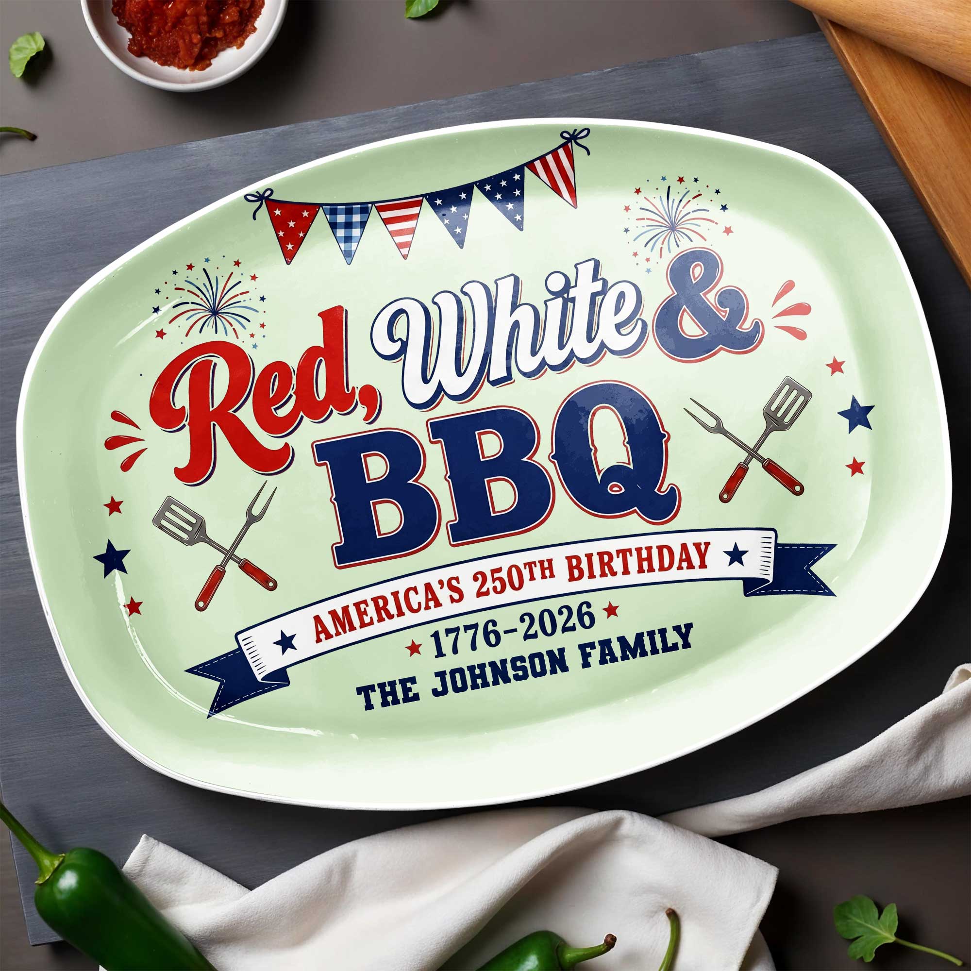 Personalized Custom Plate Red White BBQ Gift for Family Custom Plate GradoCreations