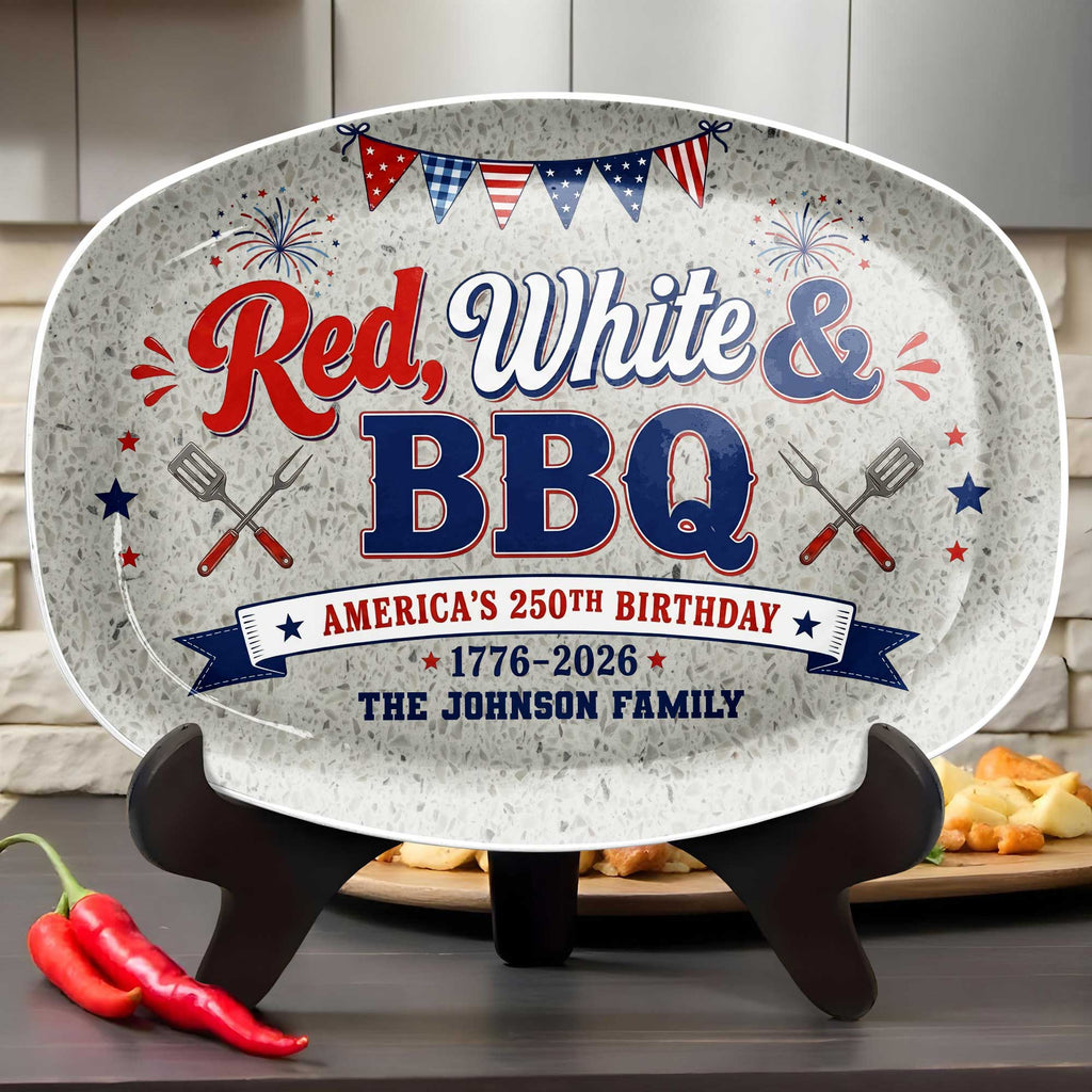 Personalized Custom Plate Red White BBQ Gift for Family Custom Plate GradoCreations