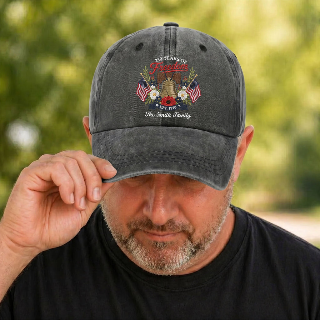 Personalized Washed Denim Cap Custom Family Name 4th of July Gift Washed Denim Cap GradoCreations