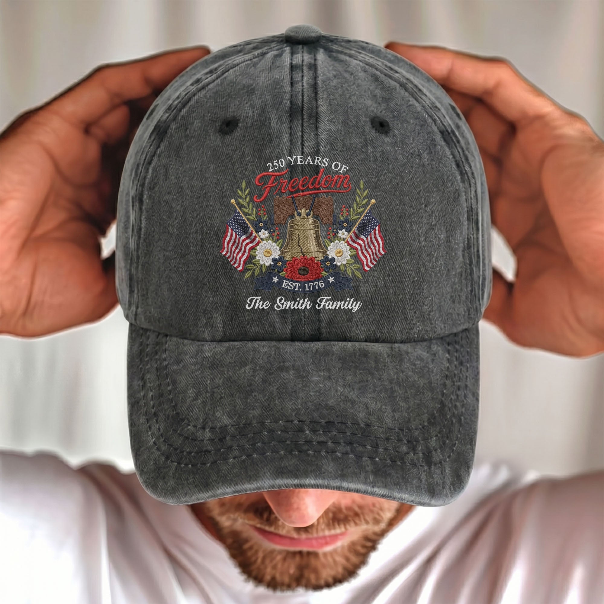 Personalized Washed Denim Cap Custom Family Name 4th of July Gift
