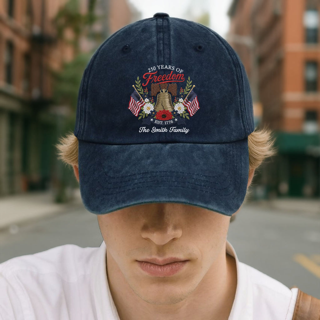 Personalized Washed Denim Cap Custom Family Name 4th of July Gift Washed Denim Cap GradoCreations
