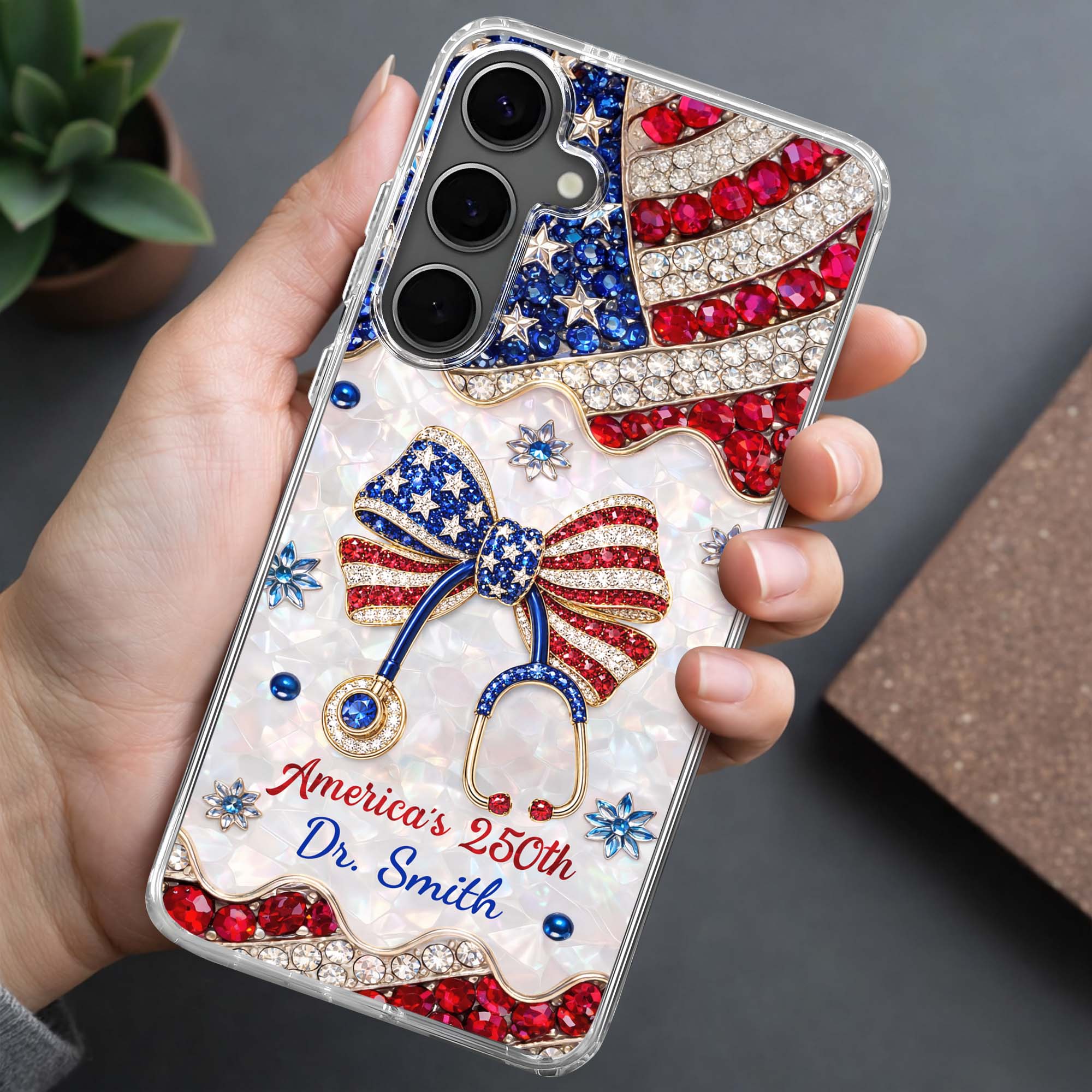 Personalized Clear Phone Case with Crystals for Doctor | 4th of July Gift Clear Phone Case GradoCreations