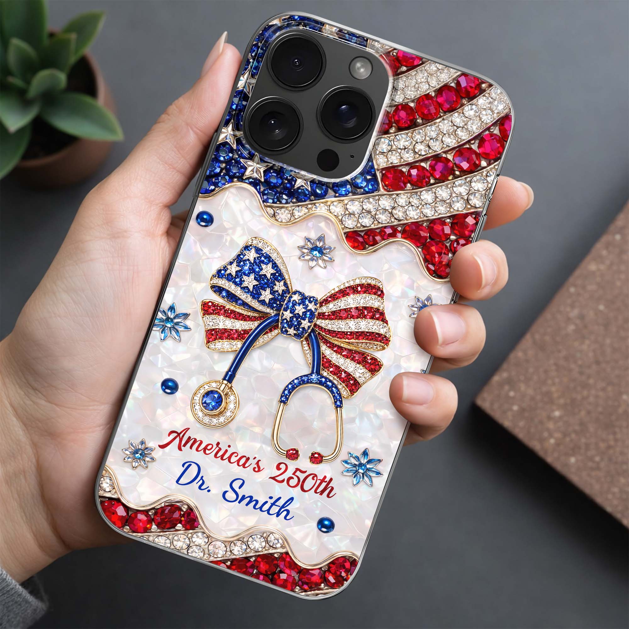 Personalized Clear Phone Case with Crystals for Doctor | 4th of July Gift Clear Phone Case GradoCreations