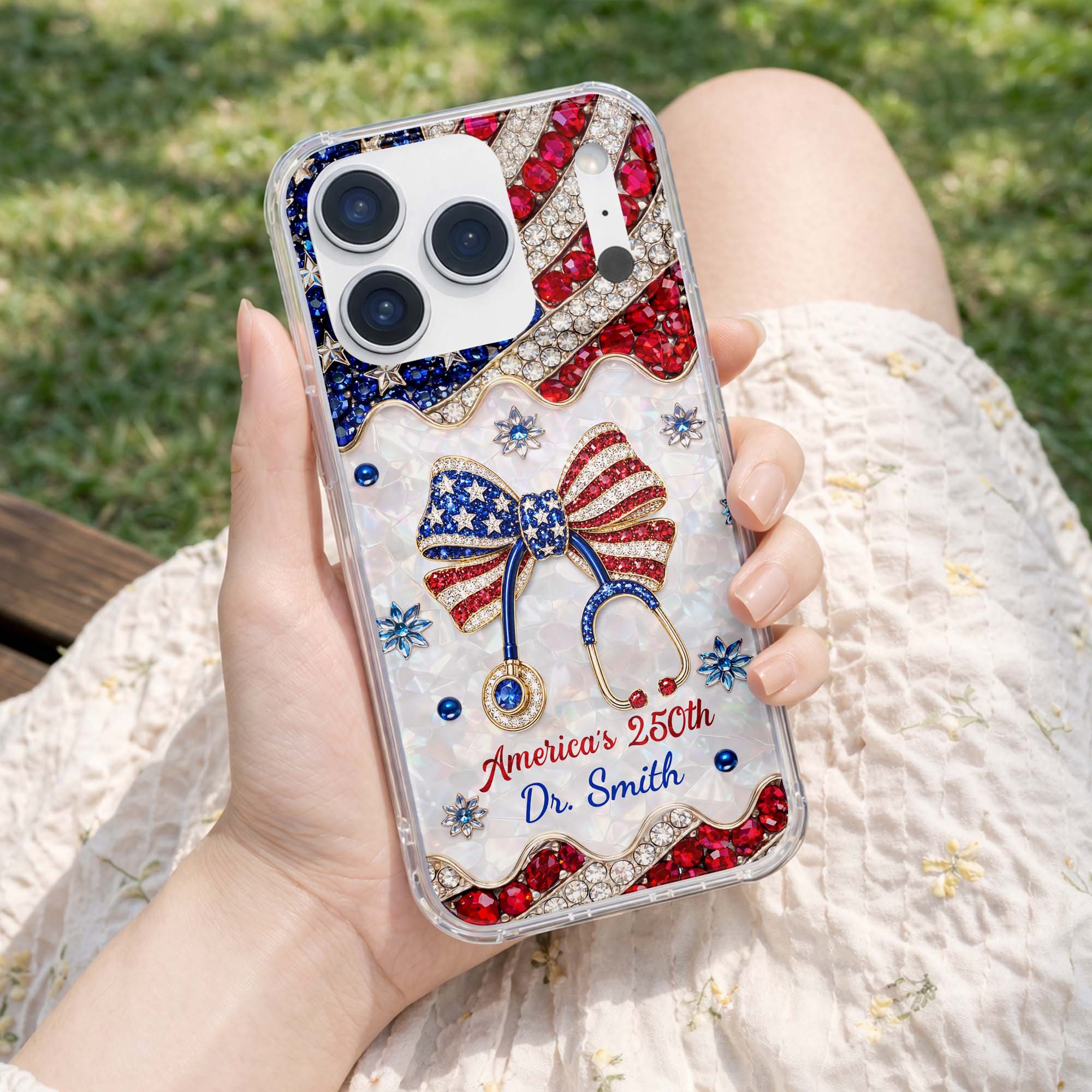 Personalized Clear Phone Case with Crystals for Doctor | 4th of July Gift Clear Phone Case GradoCreations