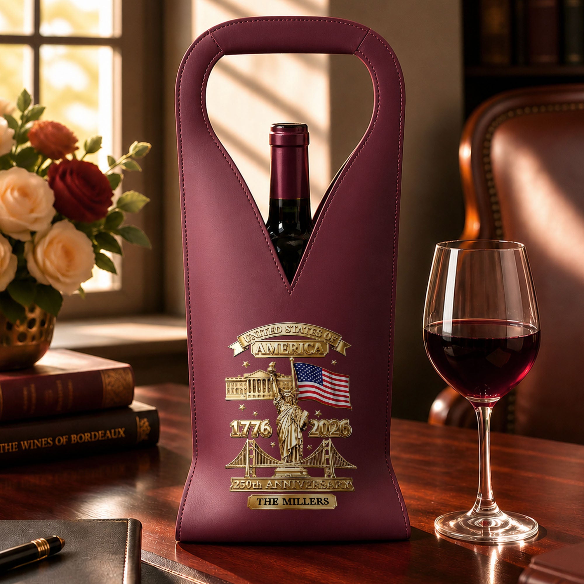 Personalized Leather Wine Bag Custom Name USA Flag Gift Leather Wine Bag GradoCreations