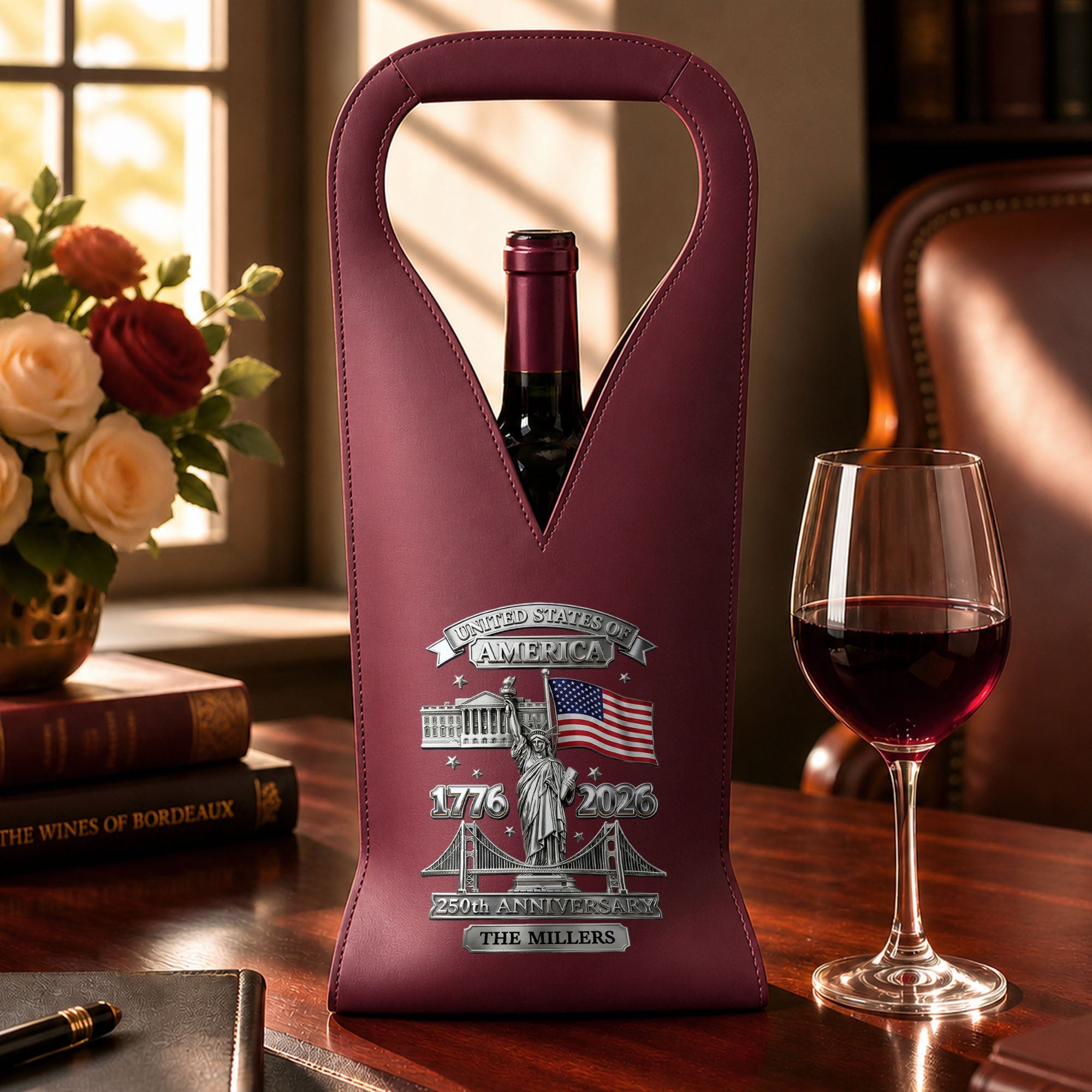Personalized Leather Wine Bag Custom Name USA Flag Gift Leather Wine Bag GradoCreations