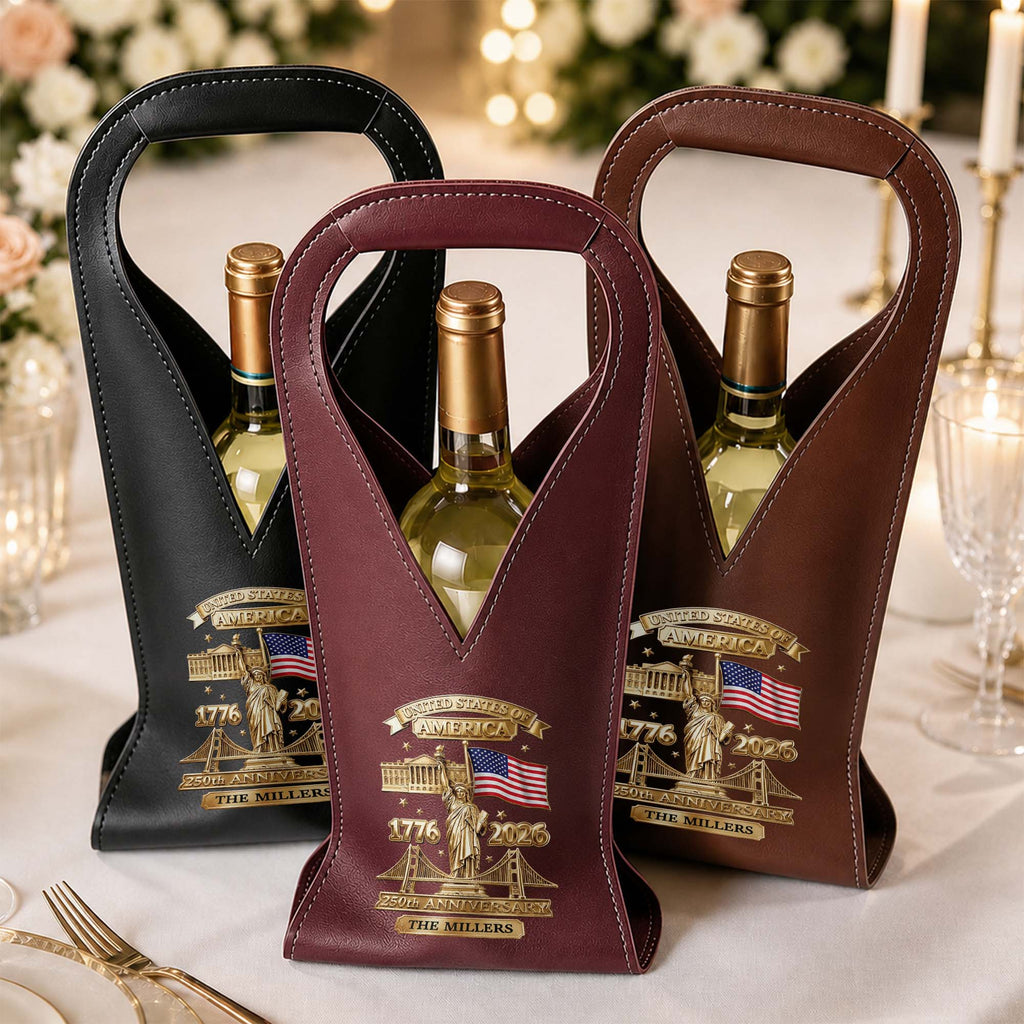 Personalized Leather Wine Bag Custom Name USA Flag Gift Leather Wine Bag GradoCreations