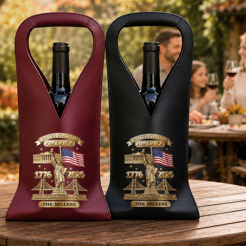 Personalized Leather Wine Bag Custom Name USA Flag Gift Leather Wine Bag GradoCreations