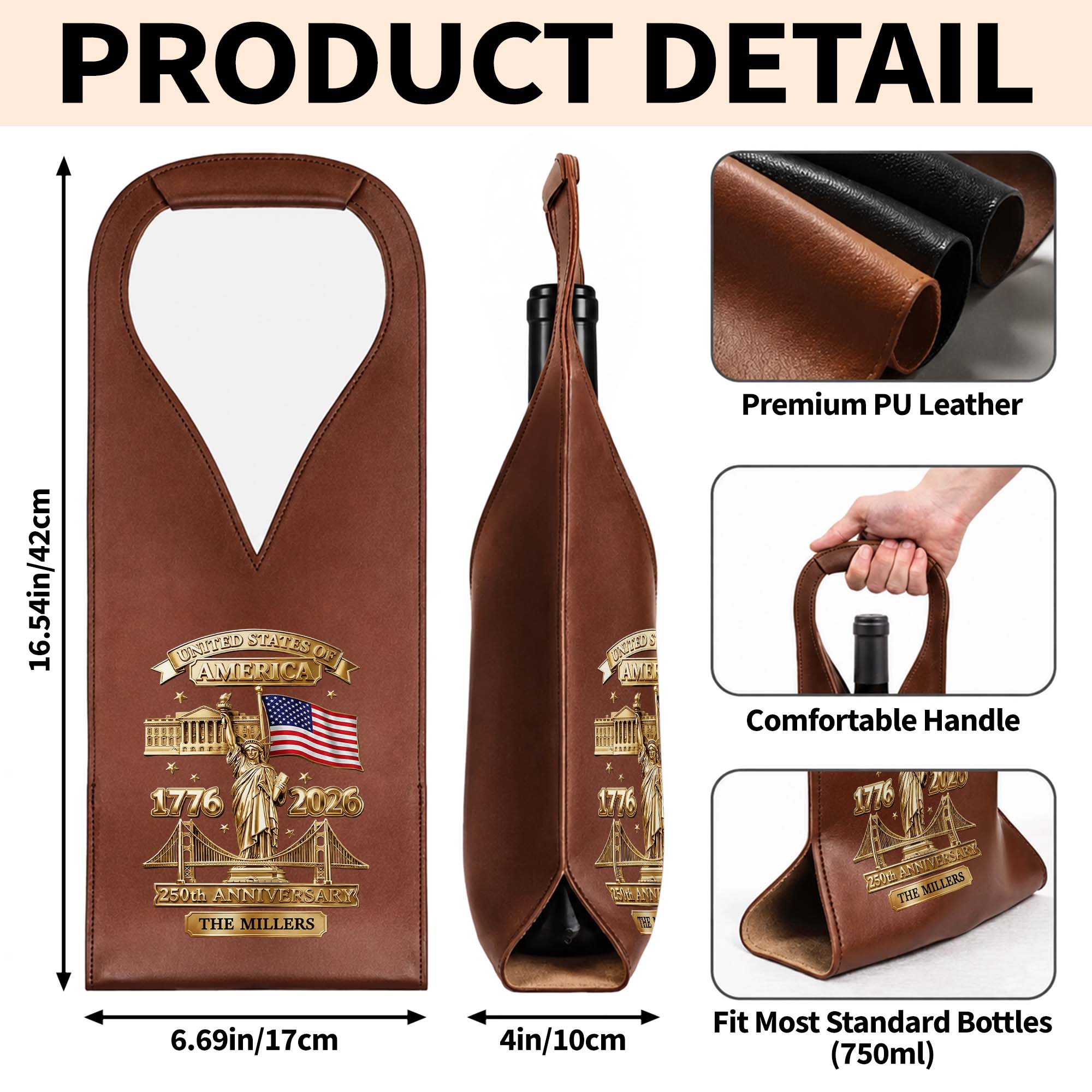 Personalized Leather Wine Bag Custom Name USA Flag Gift Leather Wine Bag GradoCreations