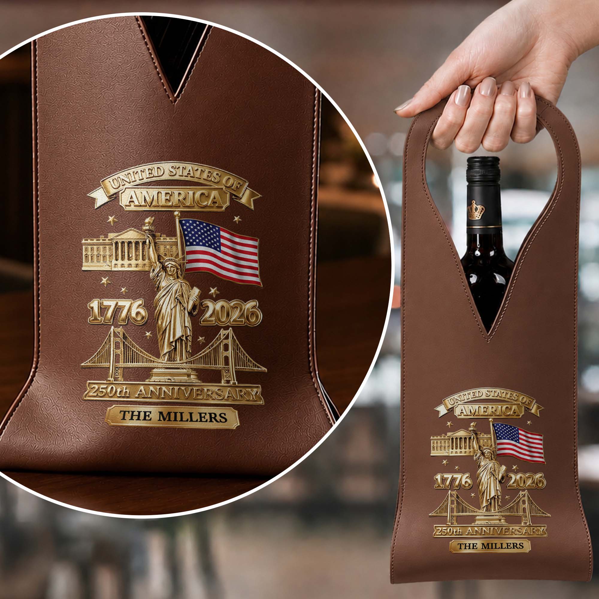 Personalized Leather Wine Bag Custom Name USA Flag Gift Leather Wine Bag GradoCreations