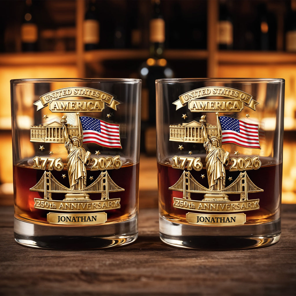 Personalized Whiskey Glass Custom Family Name USA Flag Gift for Dad Whiskey Glass GradoCreations