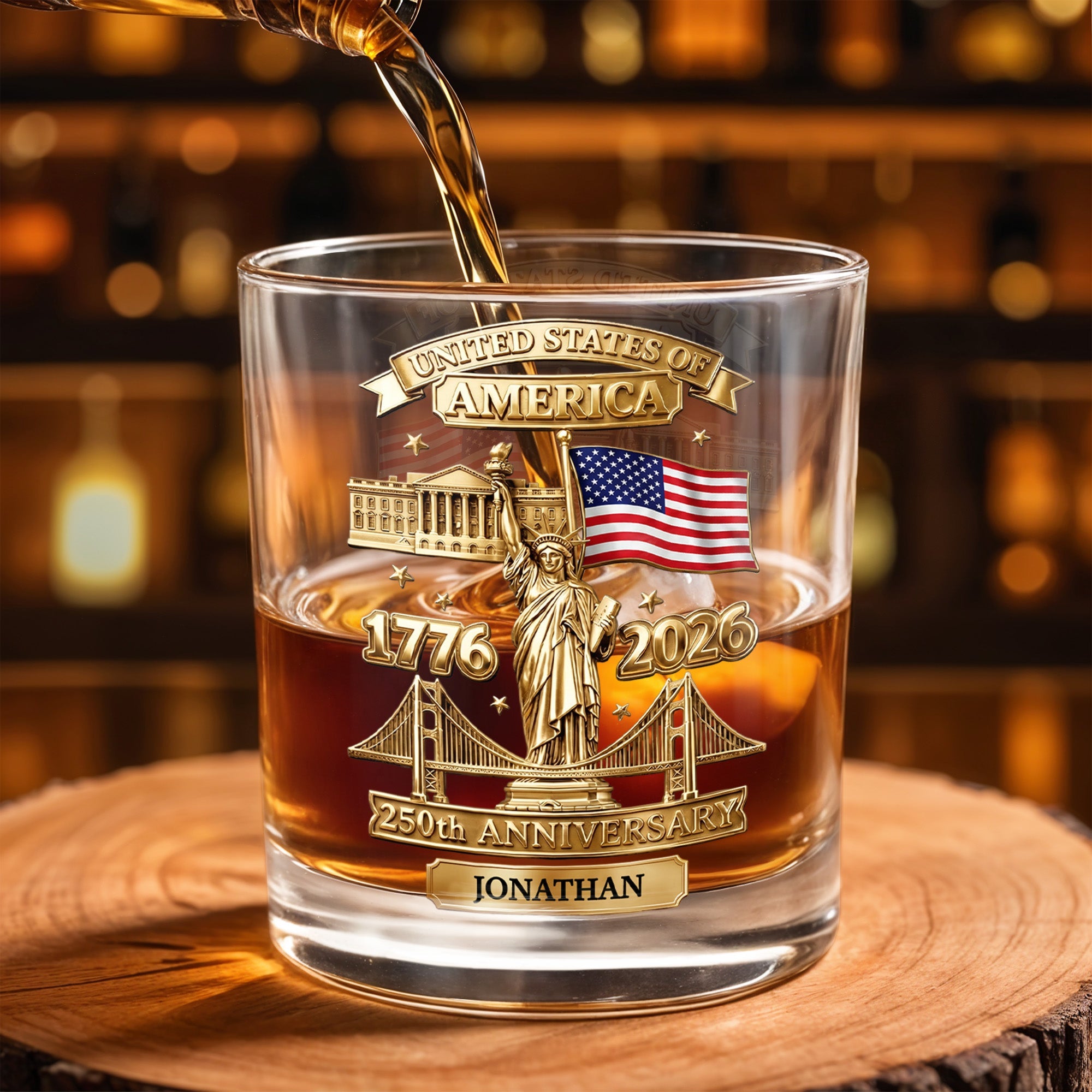 Personalized Whiskey Glass Custom Family Name USA Flag Gift for Dad Whiskey Glass GradoCreations