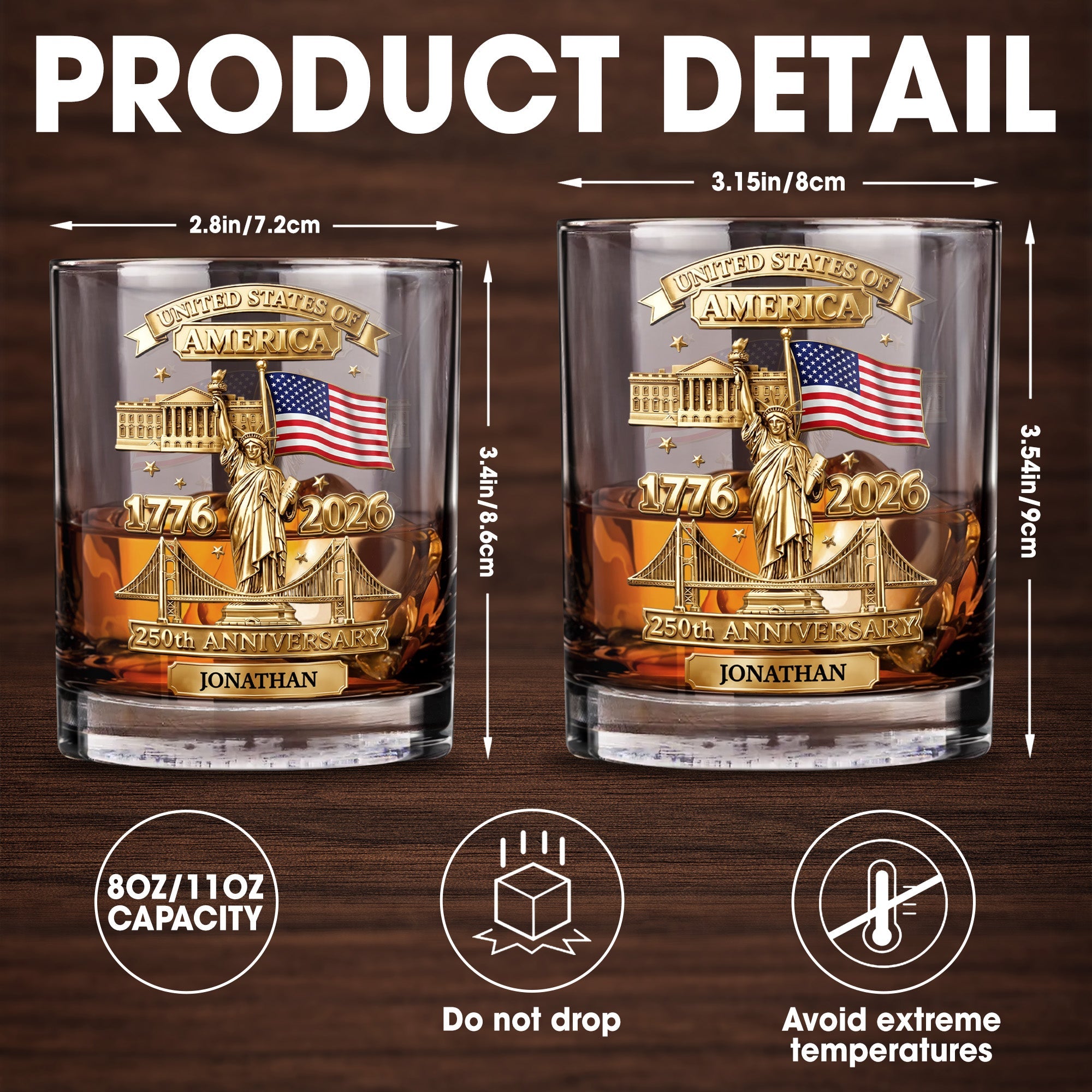 Personalized Whiskey Glass Custom Family Name USA Flag Gift for Dad Whiskey Glass GradoCreations