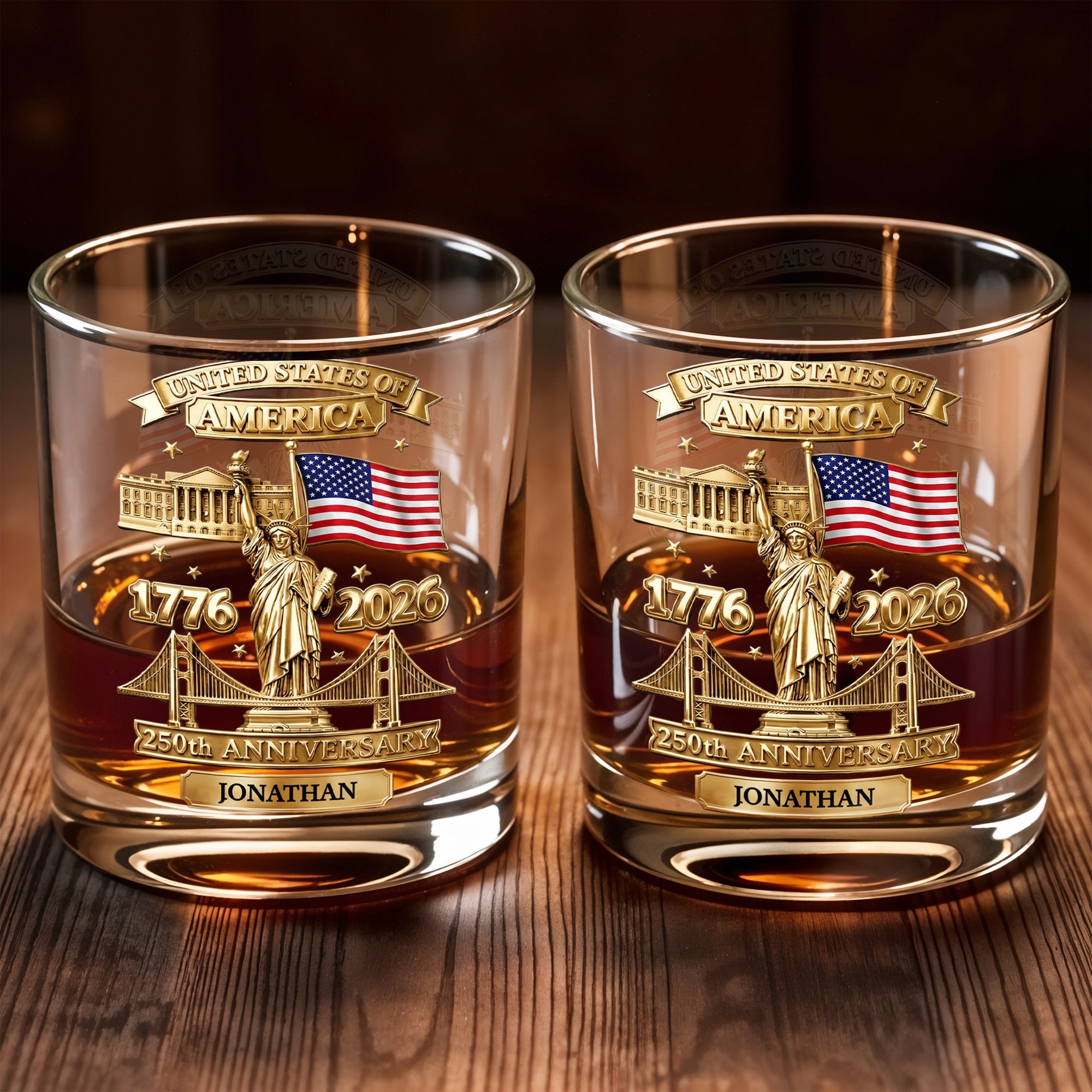 Personalized Whiskey Glass Custom Family Name USA Flag Gift for Dad Whiskey Glass GradoCreations