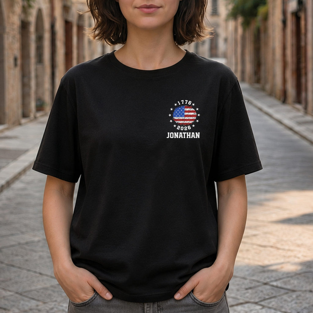 Personalized American Flag T-Shirt Custom Design for 4th of July T-Shirt Font and Back GradoCreations