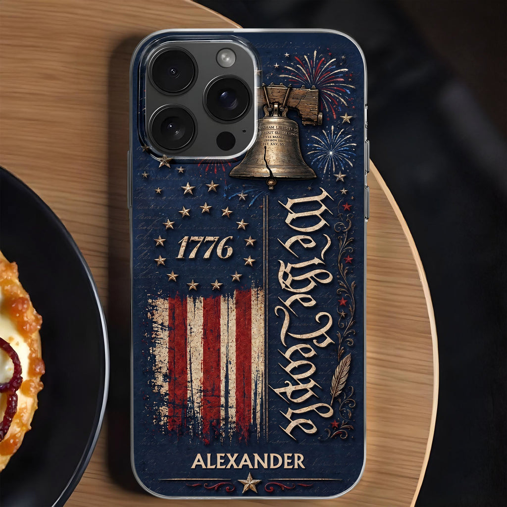 Personalized Clear Phone Case with Liberty Bell American Flag for Dad Clear Phone Case GradoCreations