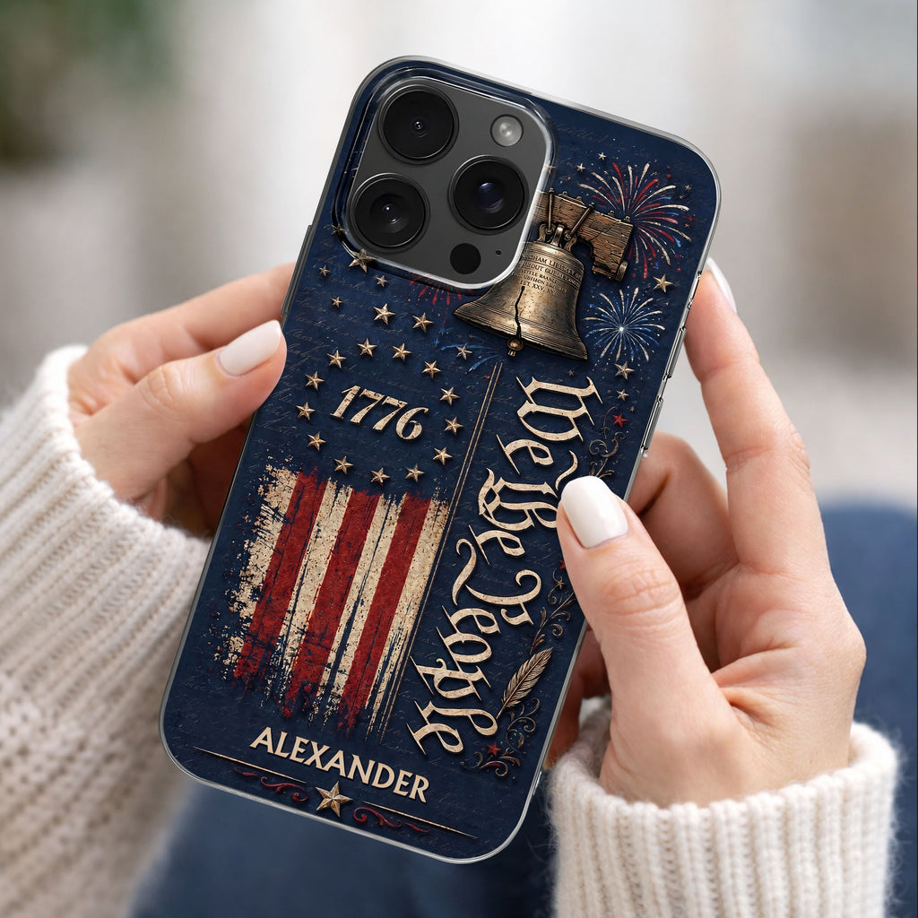 Personalized Clear Phone Case with Liberty Bell American Flag for Dad Clear Phone Case GradoCreations