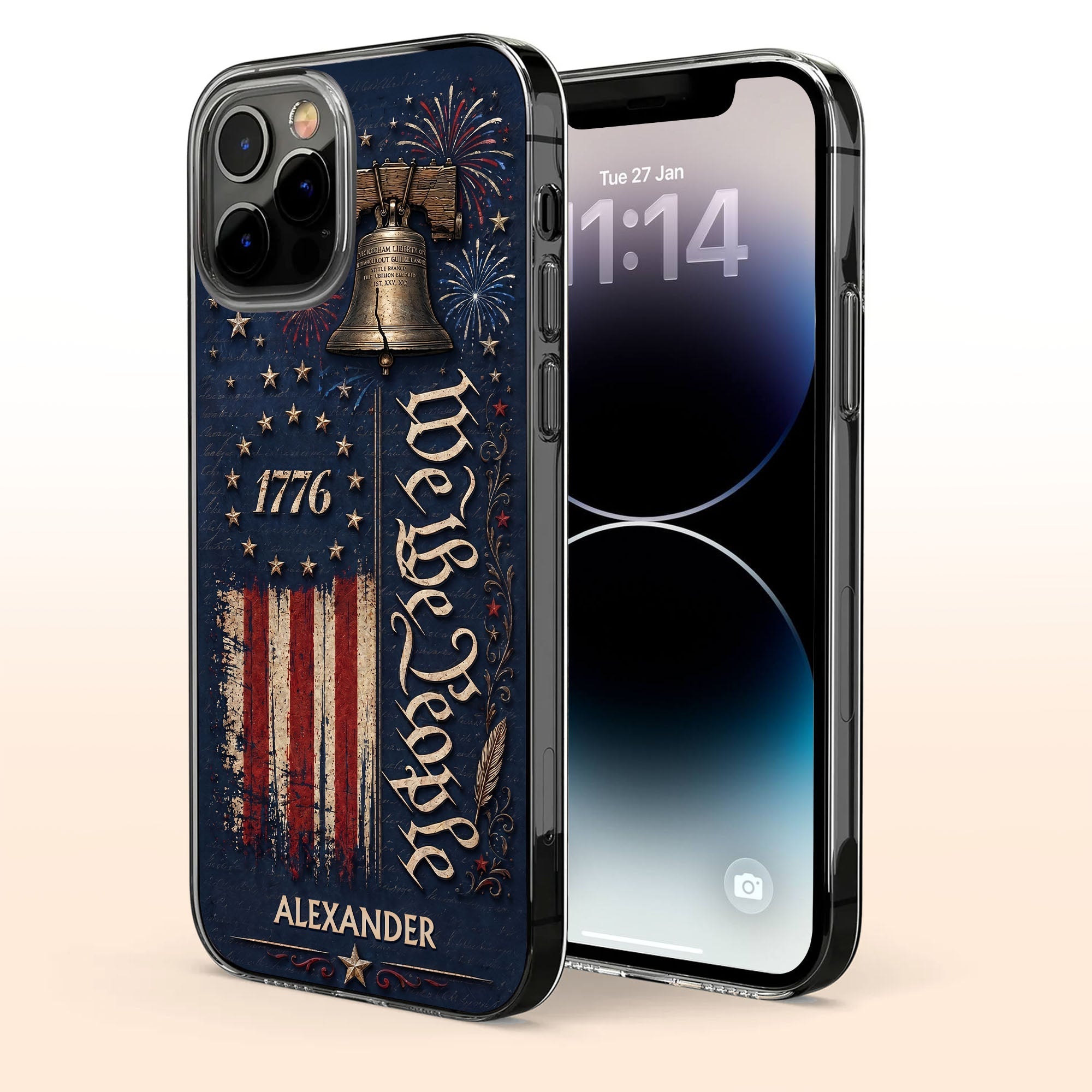 Personalized Clear Phone Case with Liberty Bell American Flag for Dad Clear Phone Case GradoCreations