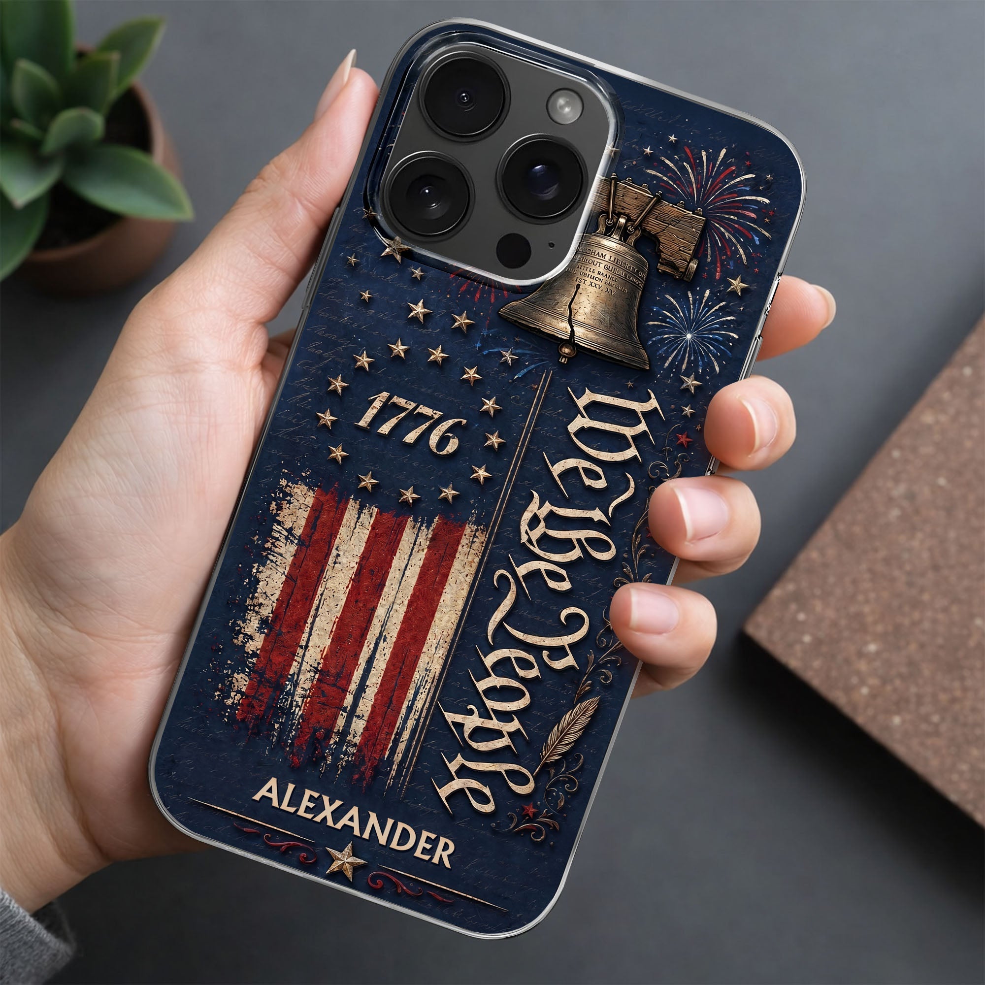 Personalized Clear Phone Case with Liberty Bell American Flag for Dad Clear Phone Case GradoCreations