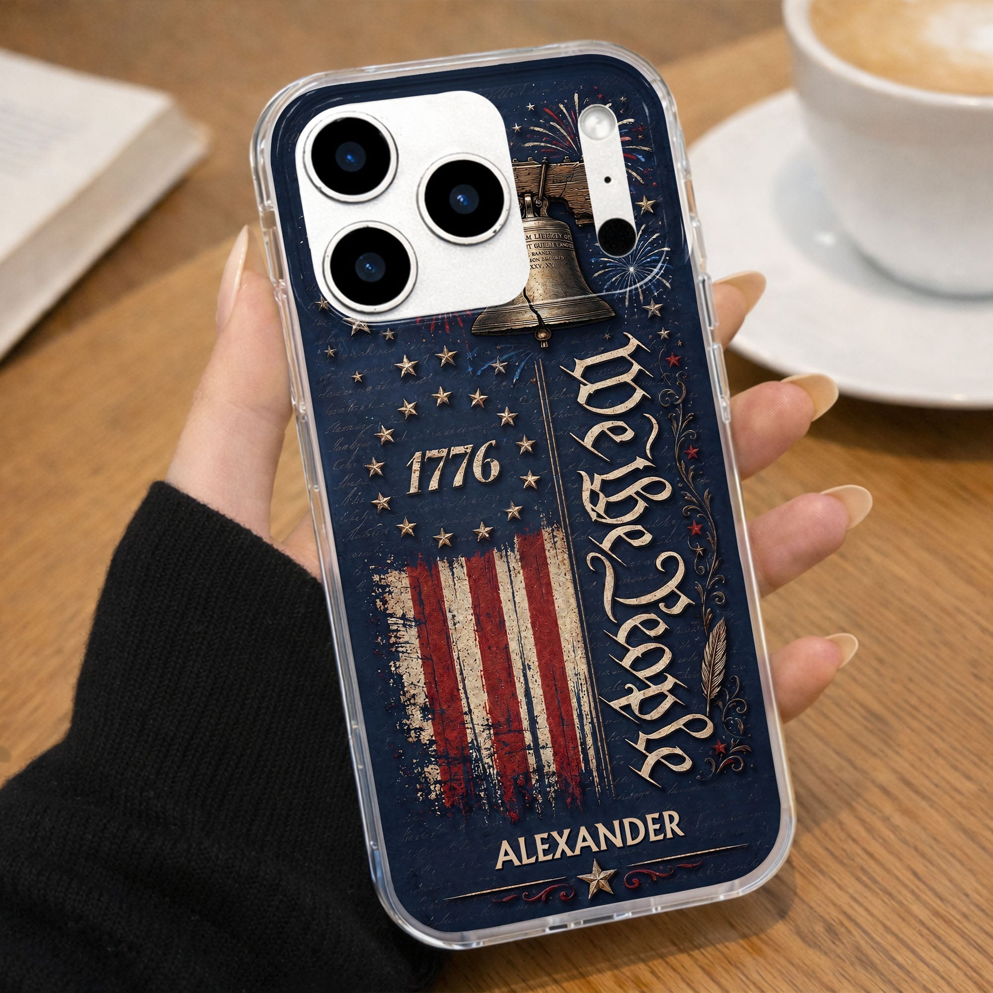 Personalized Clear Phone Case with Liberty Bell American Flag for Dad Clear Phone Case GradoCreations
