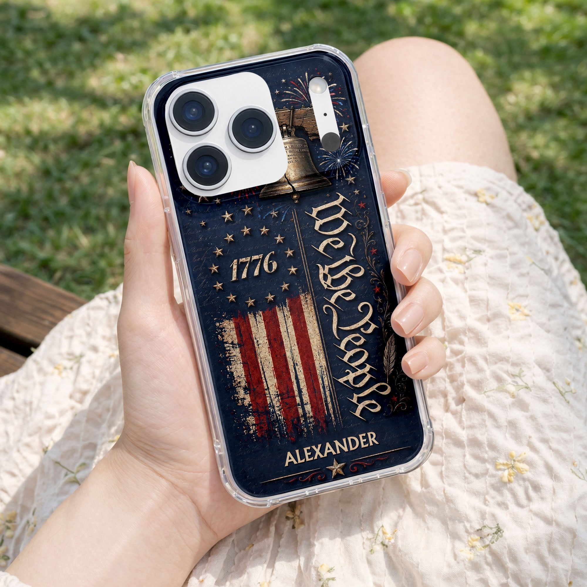 Personalized Clear Phone Case with Liberty Bell American Flag for Dad Clear Phone Case GradoCreations