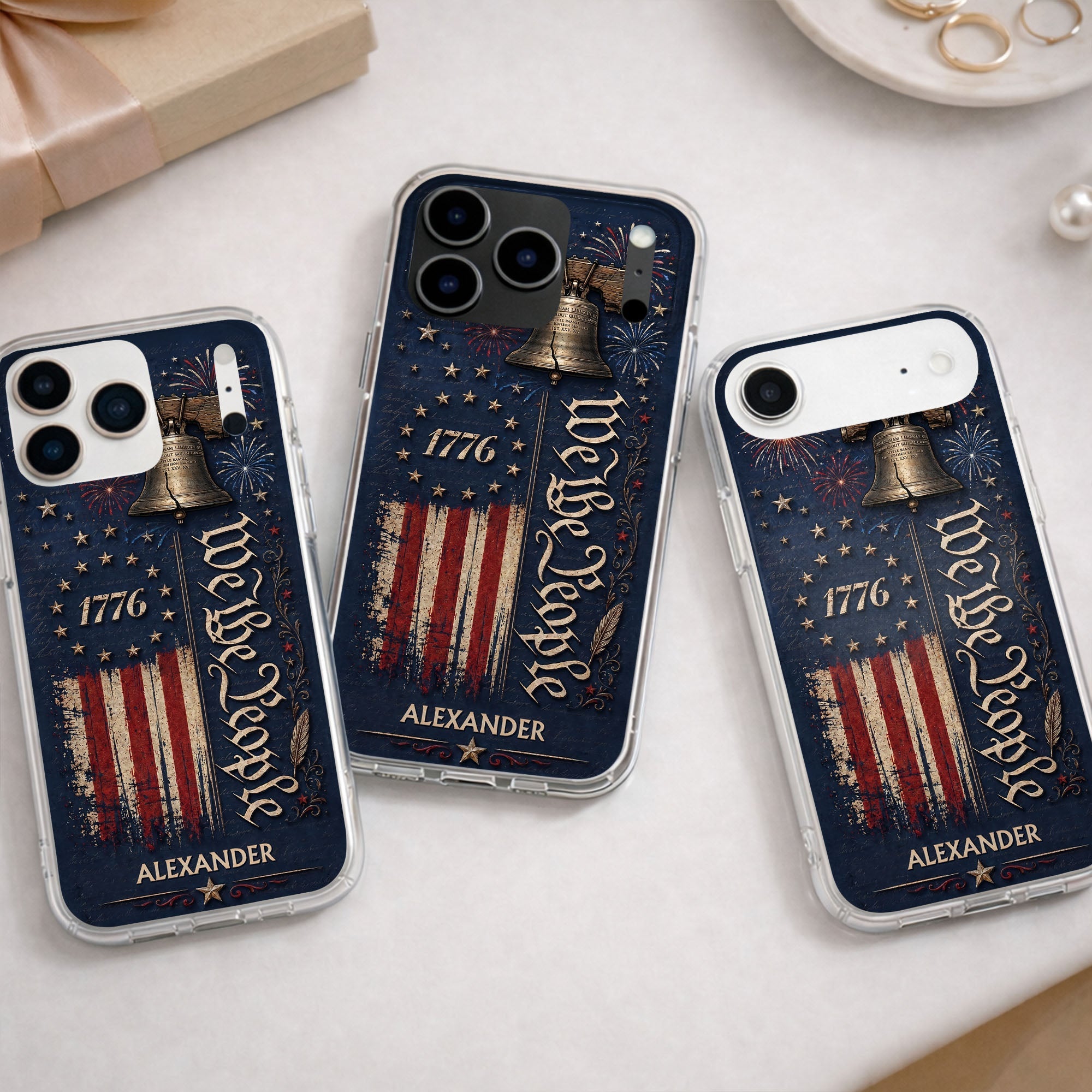 Personalized Clear Phone Case with Liberty Bell American Flag for Dad Clear Phone Case GradoCreations