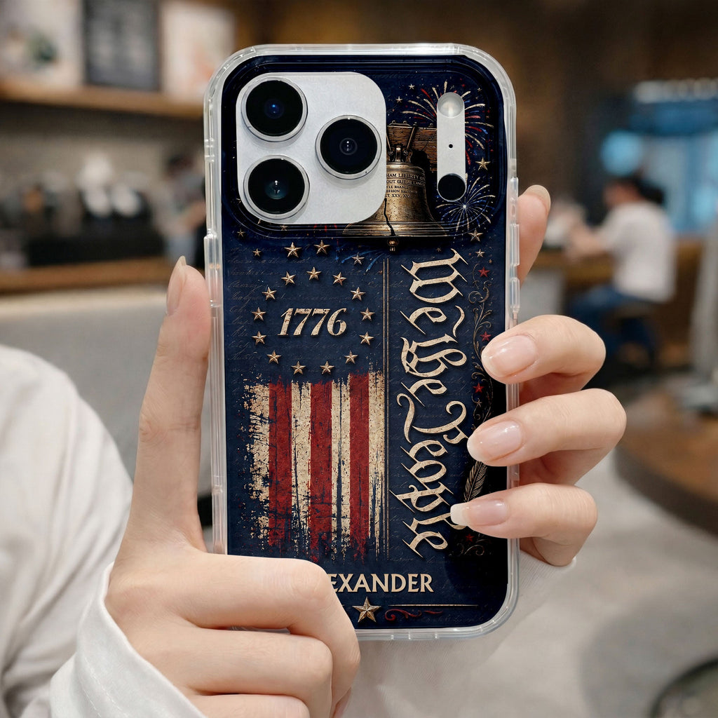 Personalized Clear Phone Case with Liberty Bell American Flag for Dad Clear Phone Case GradoCreations