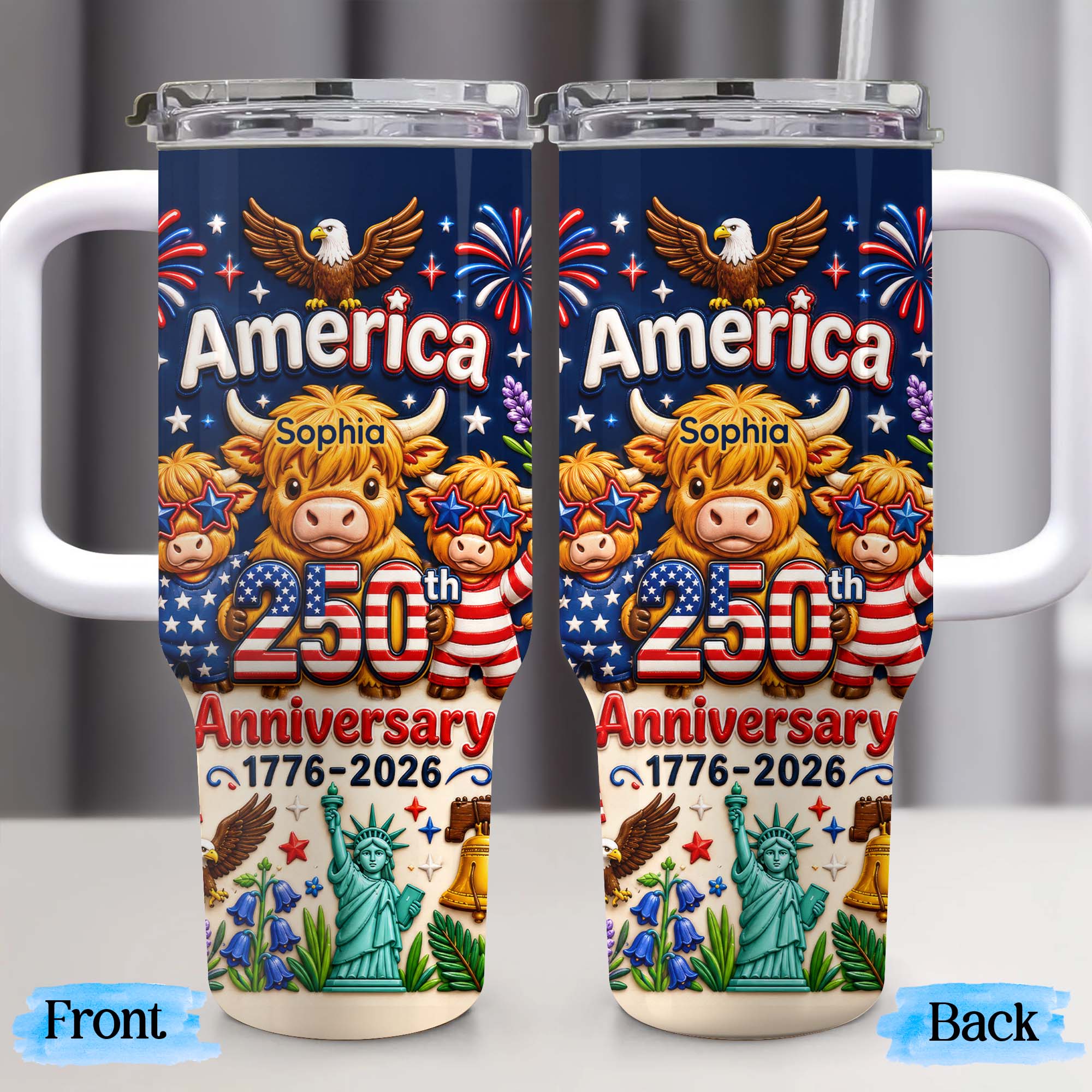 Personalized 40oz Tumbler Custom Name Patriotic Gift for Independence Day 40oz Tumbler GradoCreations
