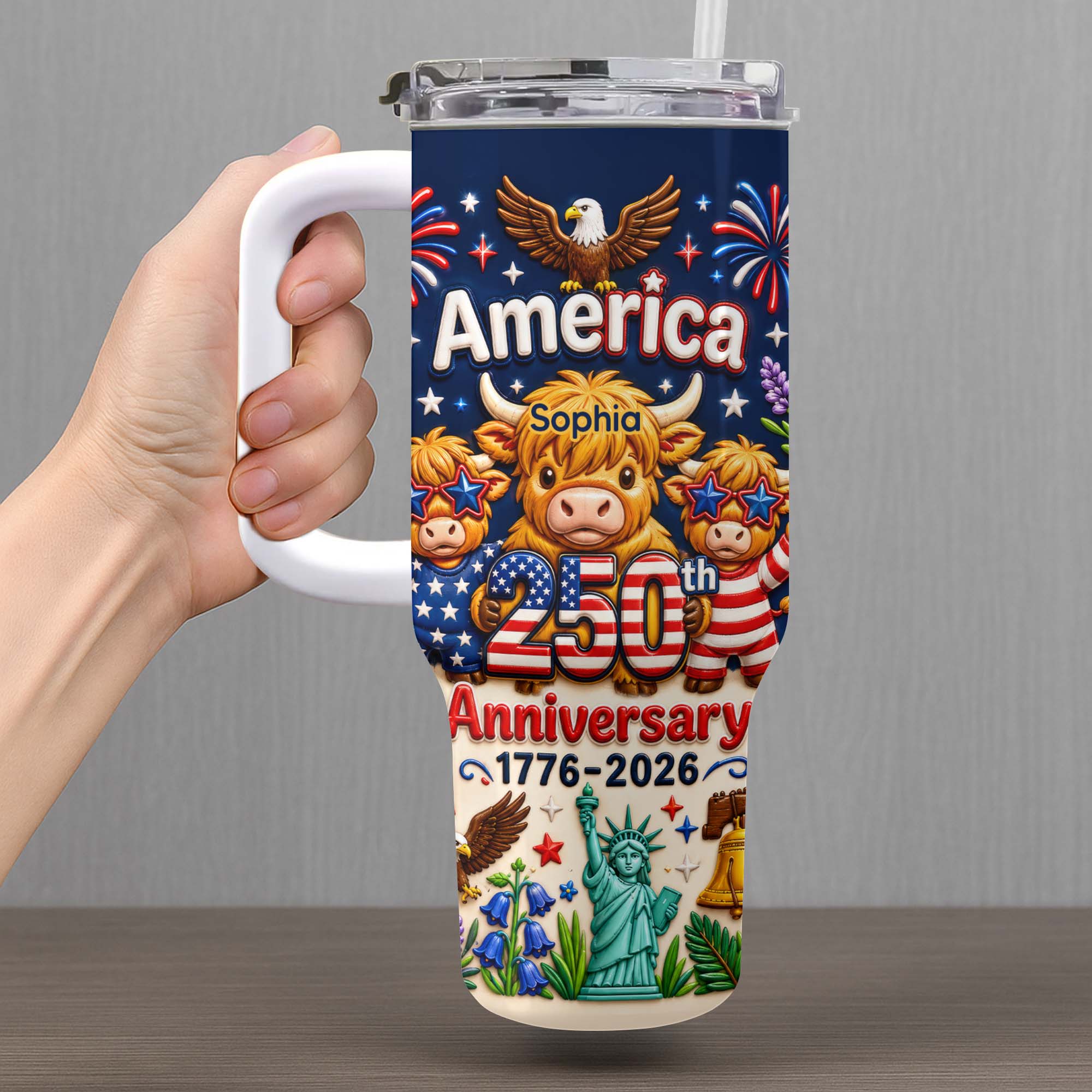 Personalized 40oz Tumbler Custom Name Patriotic Gift for Independence Day 40oz Tumbler GradoCreations
