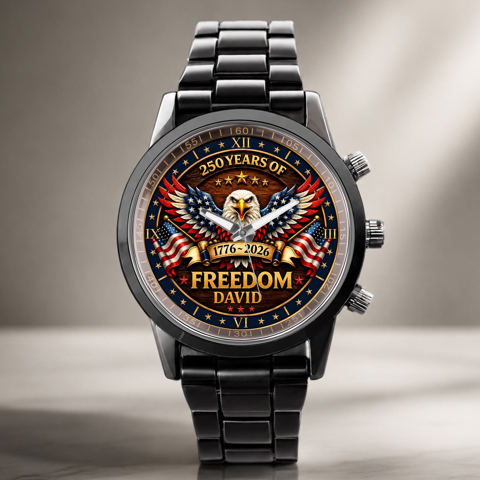 Personalized Black Men's Watch Custom Name Eagle USA Flag Gift for Dad Men's Watch GradoCreations